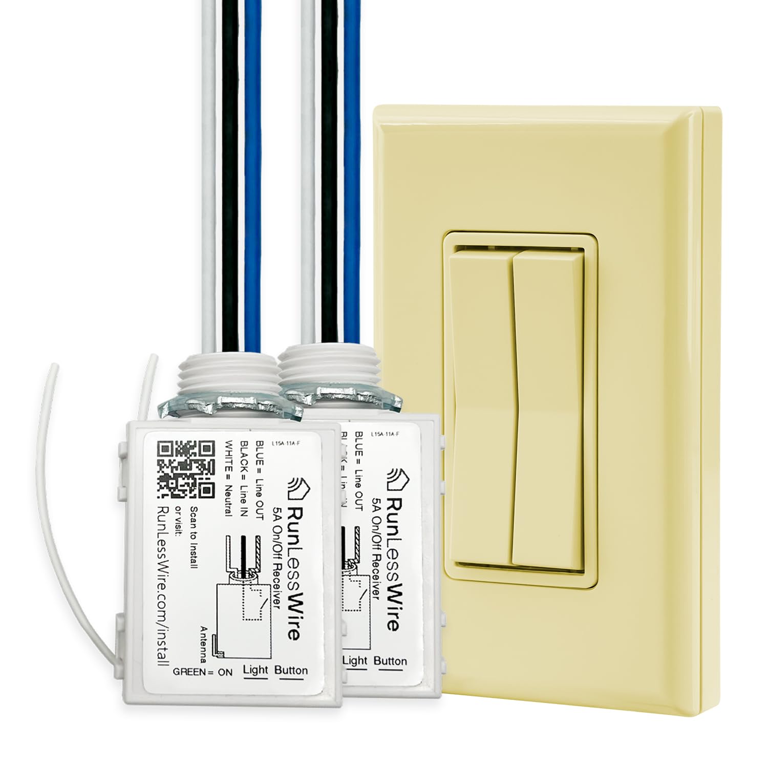 Battery-Free Wireless Fan & Light Remote Switch Kit - Self-Powered Kinetic Wall Switch with 150+ ft RF Range - Includes 2 On/Off Receivers & 1 Double Switch in Ivory - Perfect for Bedrooms, Living Rooms & Home Automation