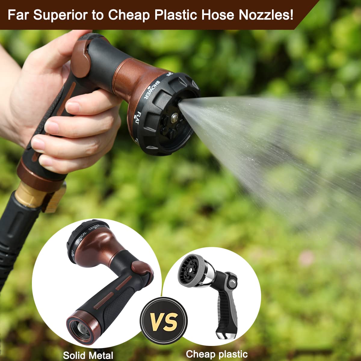 FANHAO Heavy Duty Metal Garden Hose Nozzle - 100% Rust-Proof Thumb Control Water Sprayer for Lawn, Car Washing & Outdoor Cleaning