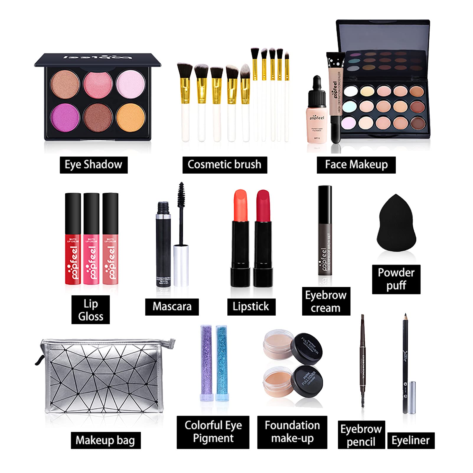 All in One Makeup Kit for Women - Complete Cosmetic Starter Set with Makeup Brushes, Eyeshadow Palette, Lip Gloss, Eyebrow Pencil & Mascara - Perfect for Travel, Daily Makeup & Professional Beauty Use (KIT007)
