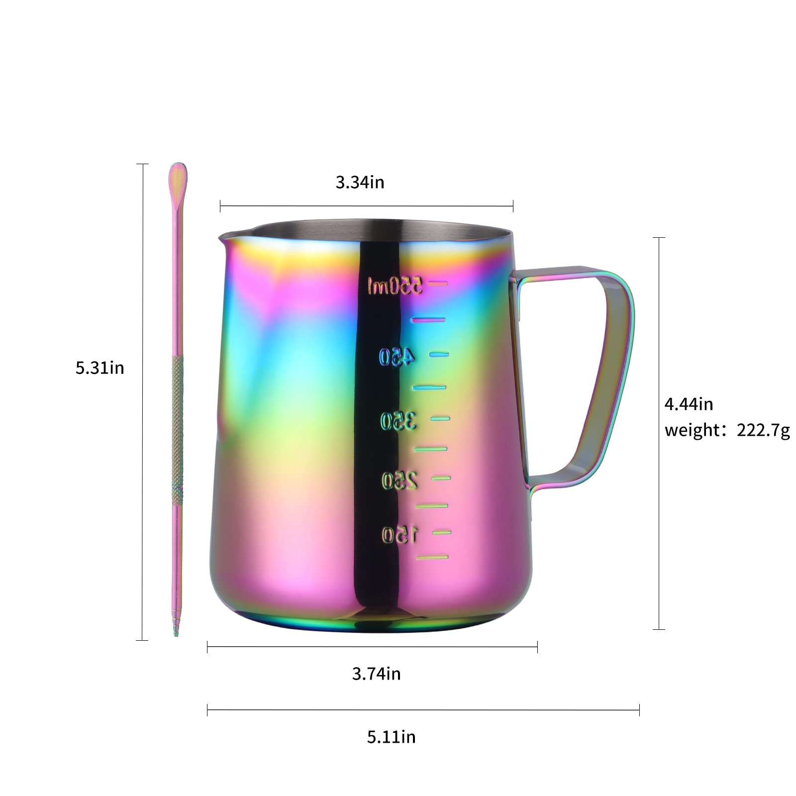 Premium Stainless Steel Milk Frother Cup 600ml (20oz) - Barista Tools for Coffee, Espresso & Latte Art - Electric Whisker & Steaming Pitcher - Rainbow Design for Home & Cafe Use