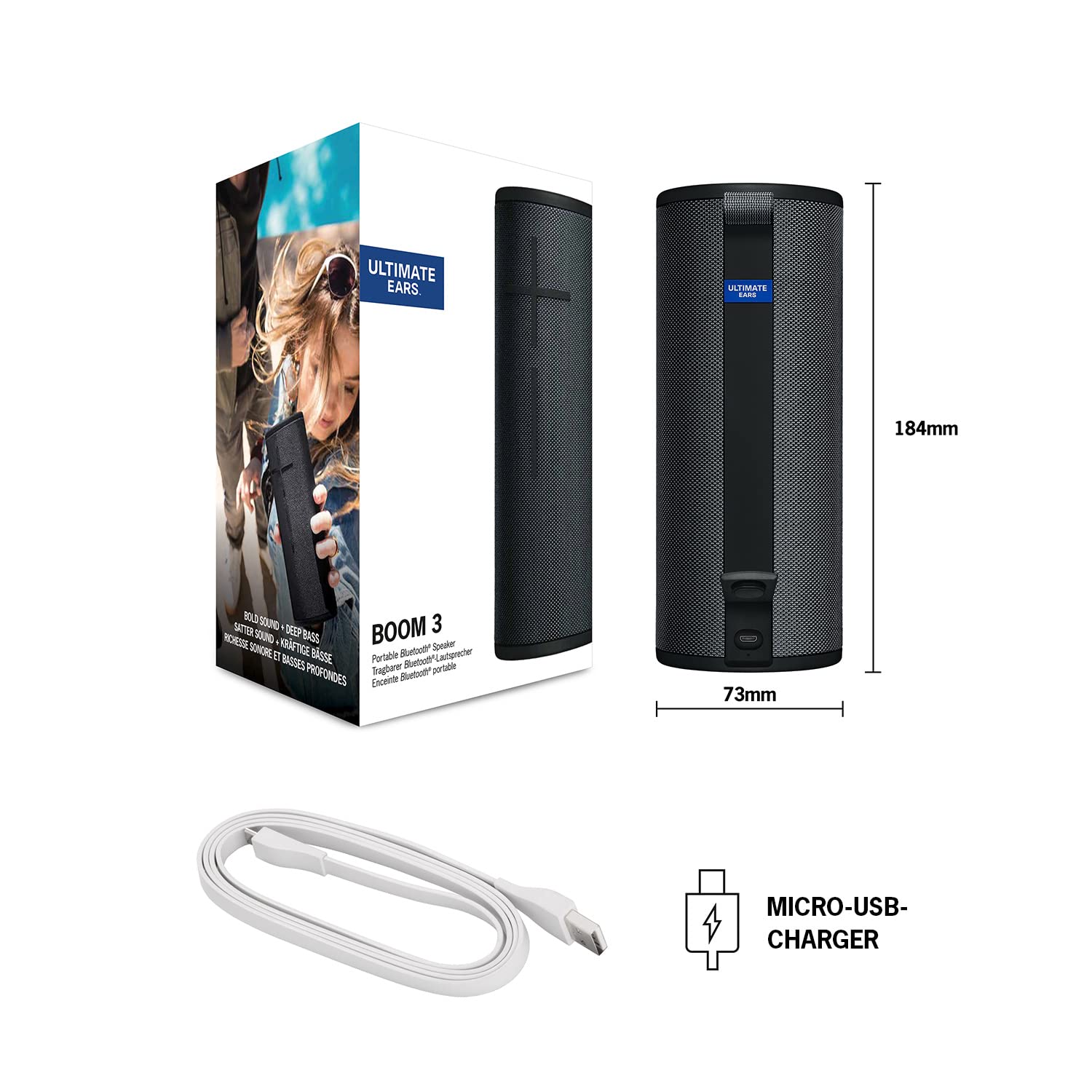 Ultimate Ears Boom 3 Wireless Bluetooth Speaker - Powerful Sound with Deep Bass, IP67 Waterproof, 15-Hour Playtime, 150ft Range, Magic Button Control (Night Black) - Perfect for Outdoor Adventures, Pool Parties & Travel