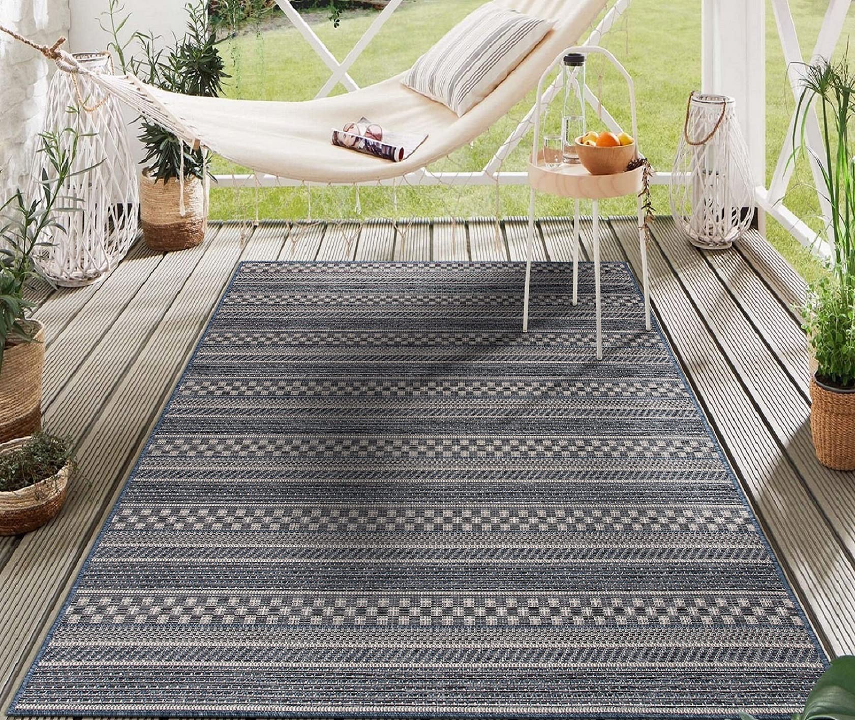 Bohemian Striped Indoor/Outdoor Area Rug 5' x 7' Blue - Perfect for Patio, Deck, Balcony & Living Room Decor