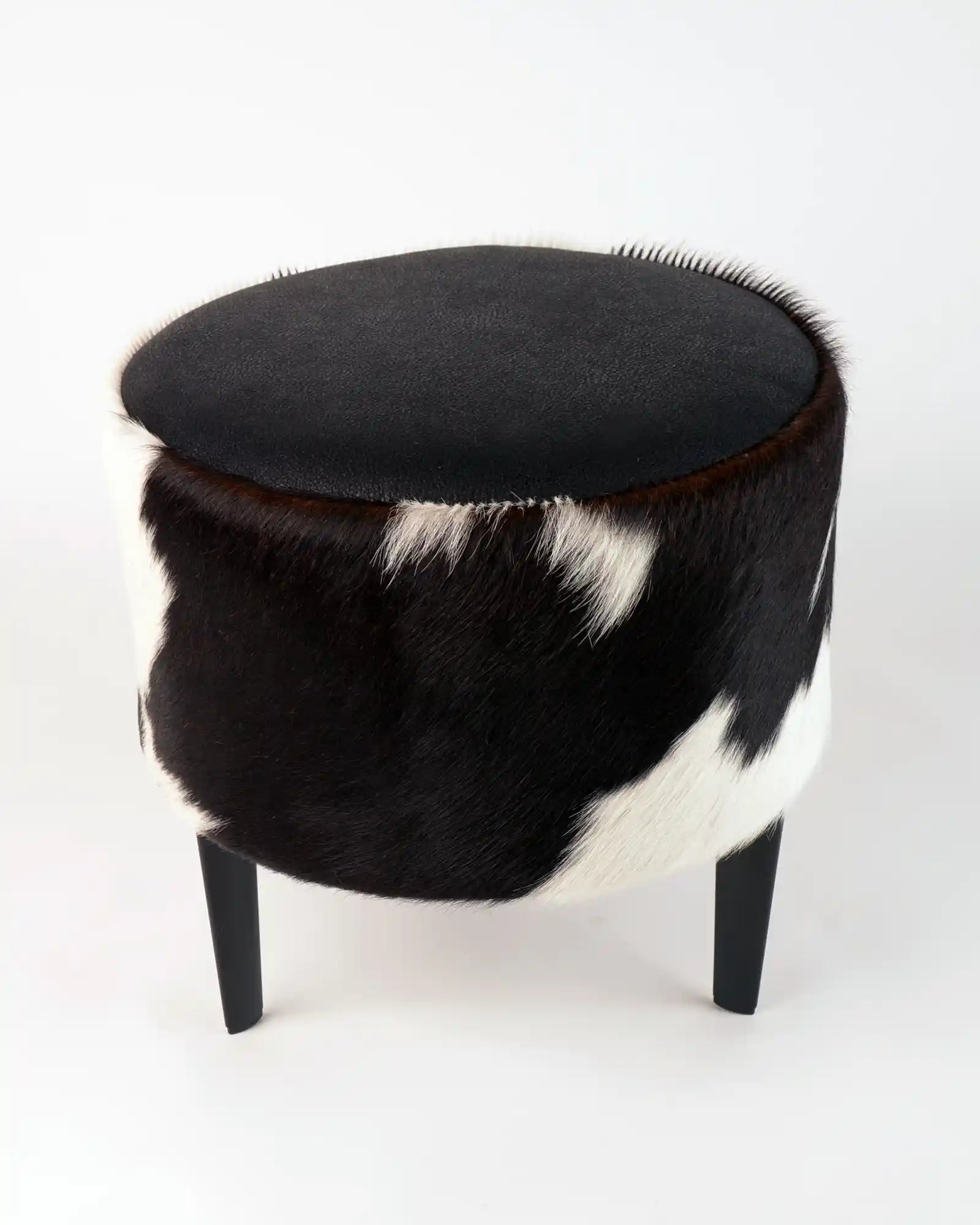Premium Cowhide Round Footstool - 35x35x34cm - Natural Leather Ottoman - Perfect for Living Room, Bedroom & Office Decor