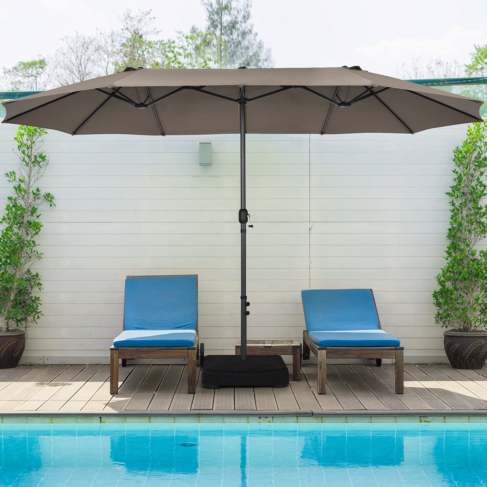 Tangkula 15FT Double-Sided Patio Umbrella with Hand-Crank System - Extra Large Outdoor Market Umbrella with 12-Rib Structure & Reinforced Base - Perfect for Backyard, Poolside, Restaurant, Cafe and Commercial Use (Coffee Brown)