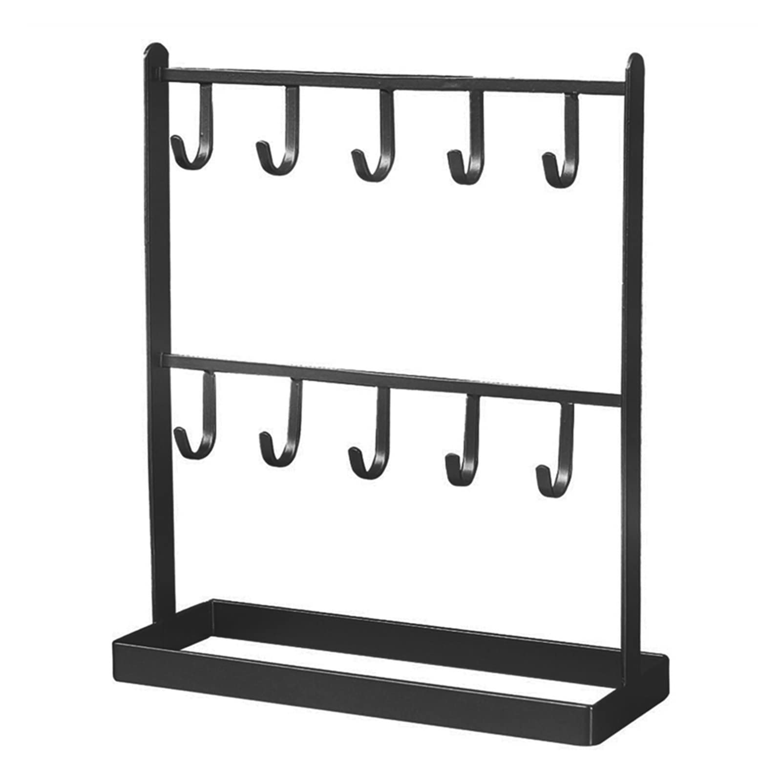 Double Layer Metal Jewelry Organizer with Hooks - Necklace, Earring, Bracelet, Watch & Keychain Display Stand - Black Jewelry Storage Tray for Bedroom, Closet & Travel