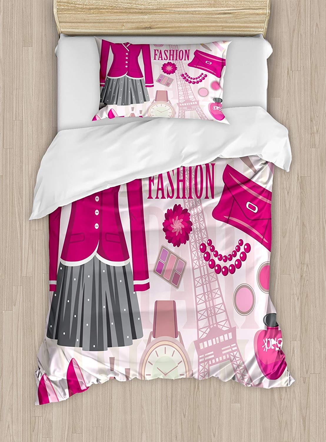 Twin XL Extra Long Duvet Cover Set - Paris Fashion Theme with Dresses, Watch, Purse & Perfume Prints, Includes 1 Flat Sheet, 1 Fitted Sheet & 2 Pillowcases (Pink/Beige) - Perfect for Teen Girls' Bedroom Decor & Paris-Inspired Home Styling