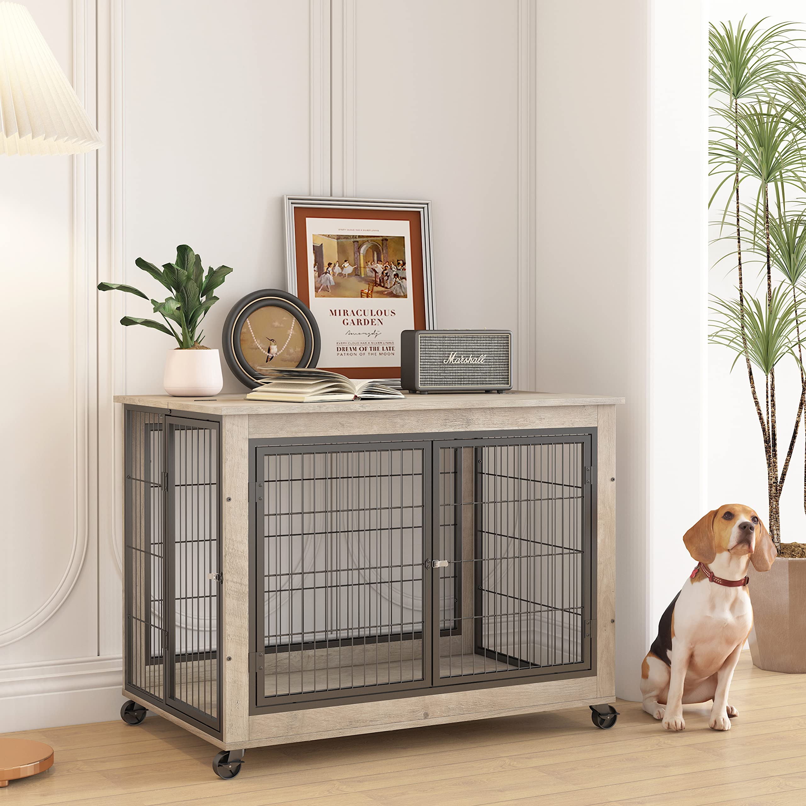 Stylish Wooden Dog Crate Furniture with Wheels - 38.6