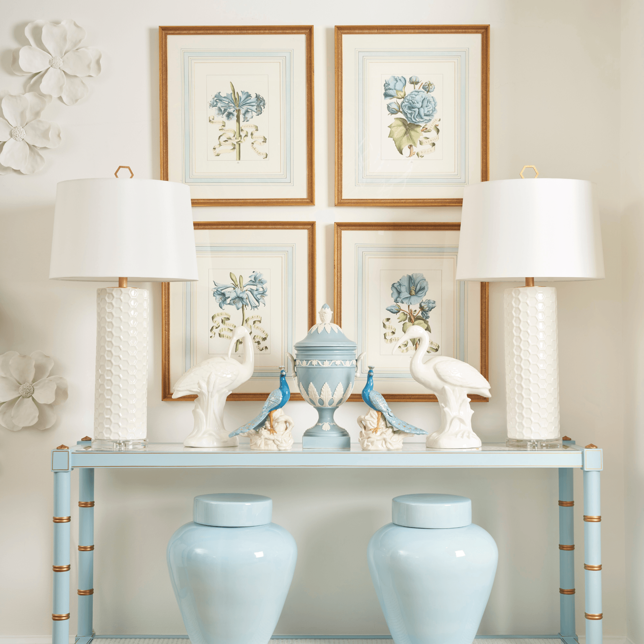 Blue Floral Artwork with Ribbon Accent in Gold Frame - Elegant Wall Decor for Living Room, Bedroom & Office