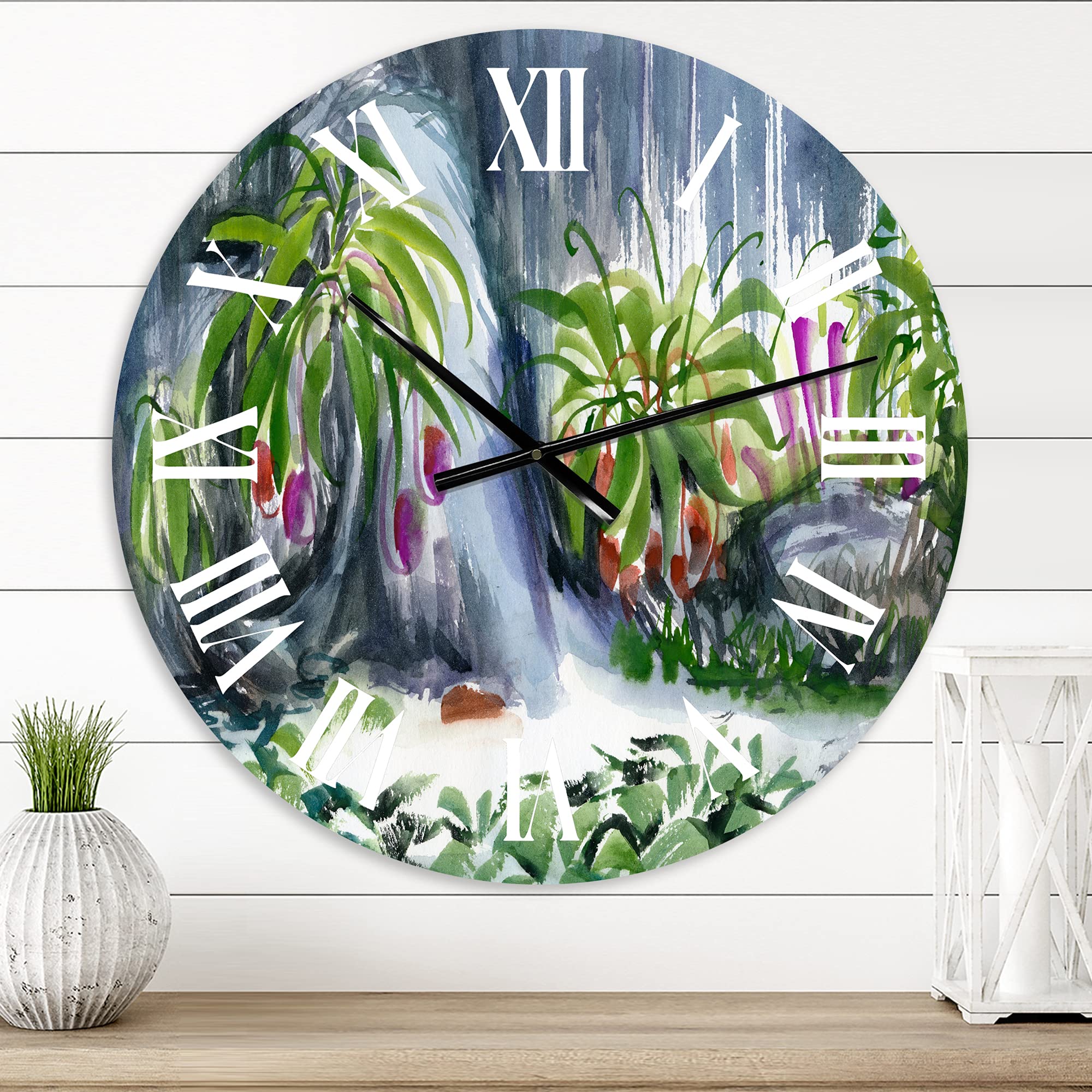 Farmhouse Wall Clock with Tropical Plants Oasis Design - Large Abstract Fractal Wall Decor for Living Room, Bedroom & Kitchen | Perfect for Home, Office & Gift Giving