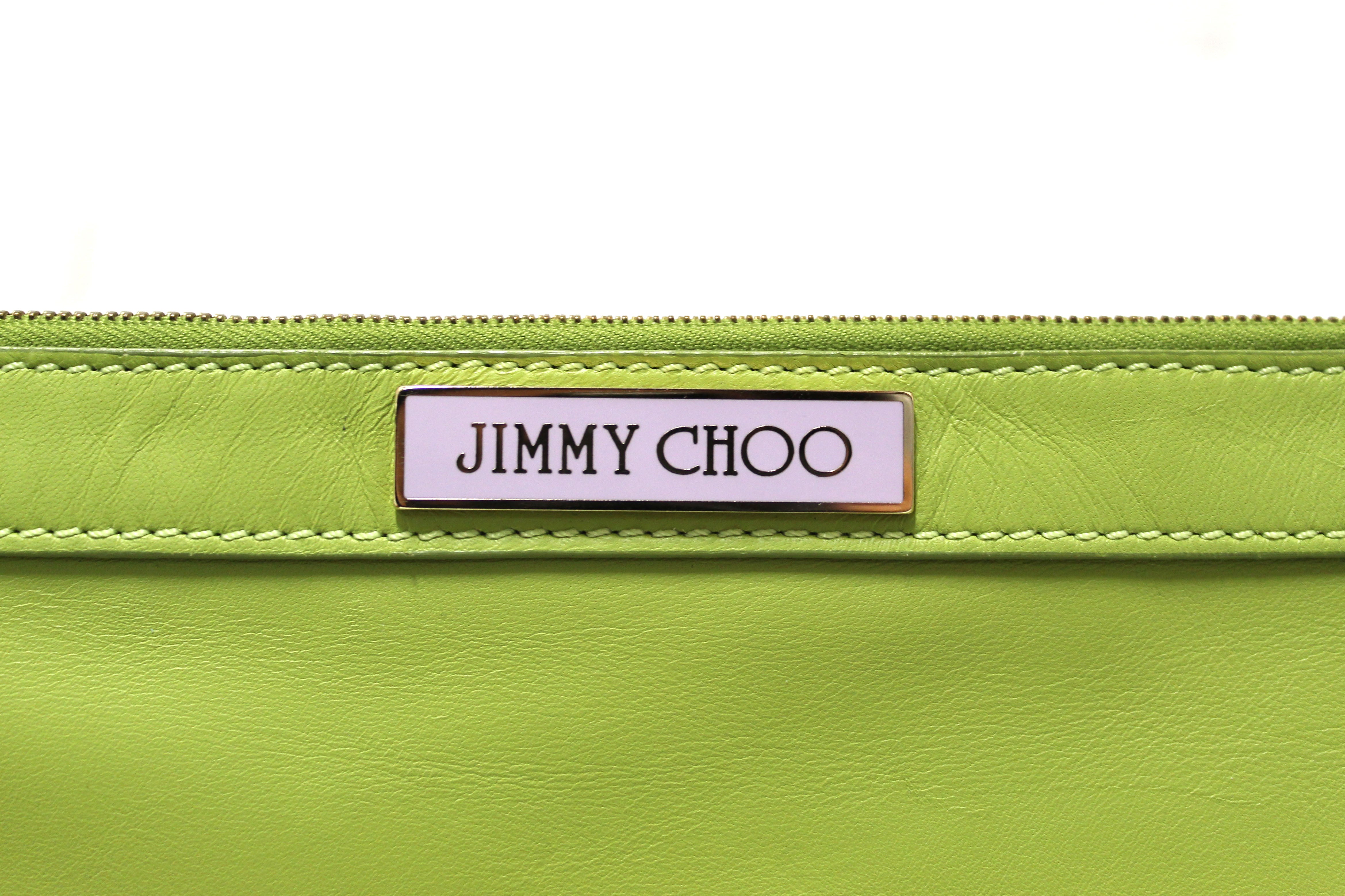Authentic Jimmy Choo Lime Green Leather Zipper Pouch - Luxury Cosmetic Bag & Travel Organizer for Women | Perfect for Makeup, Jewelry & Essentials Storage