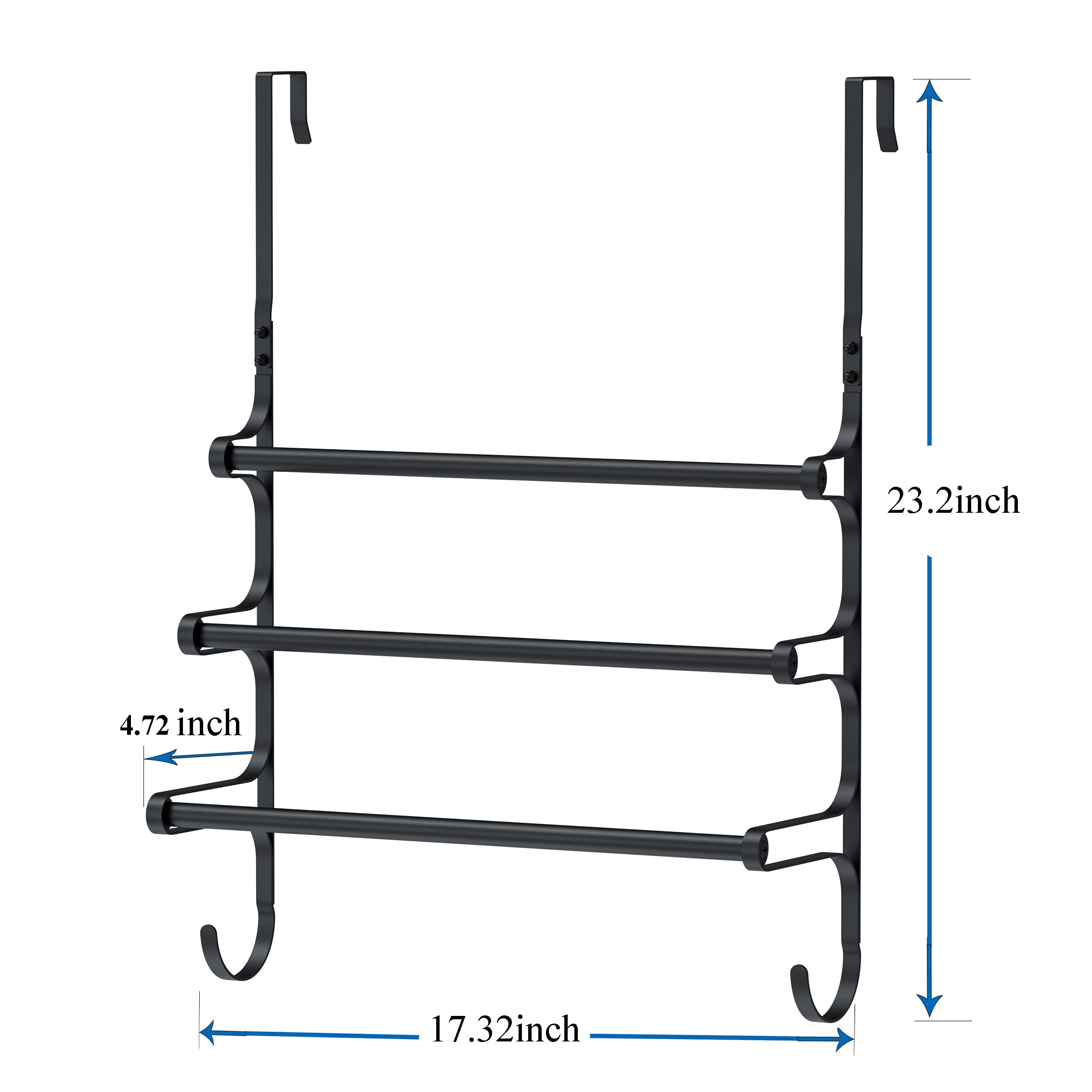 Over The Door Towel Rack - Triple Towel Storage Holder with Hooks for Bathroom, Kitchen & Laundry Room - Space Saving Matte Black Organizer (17.32