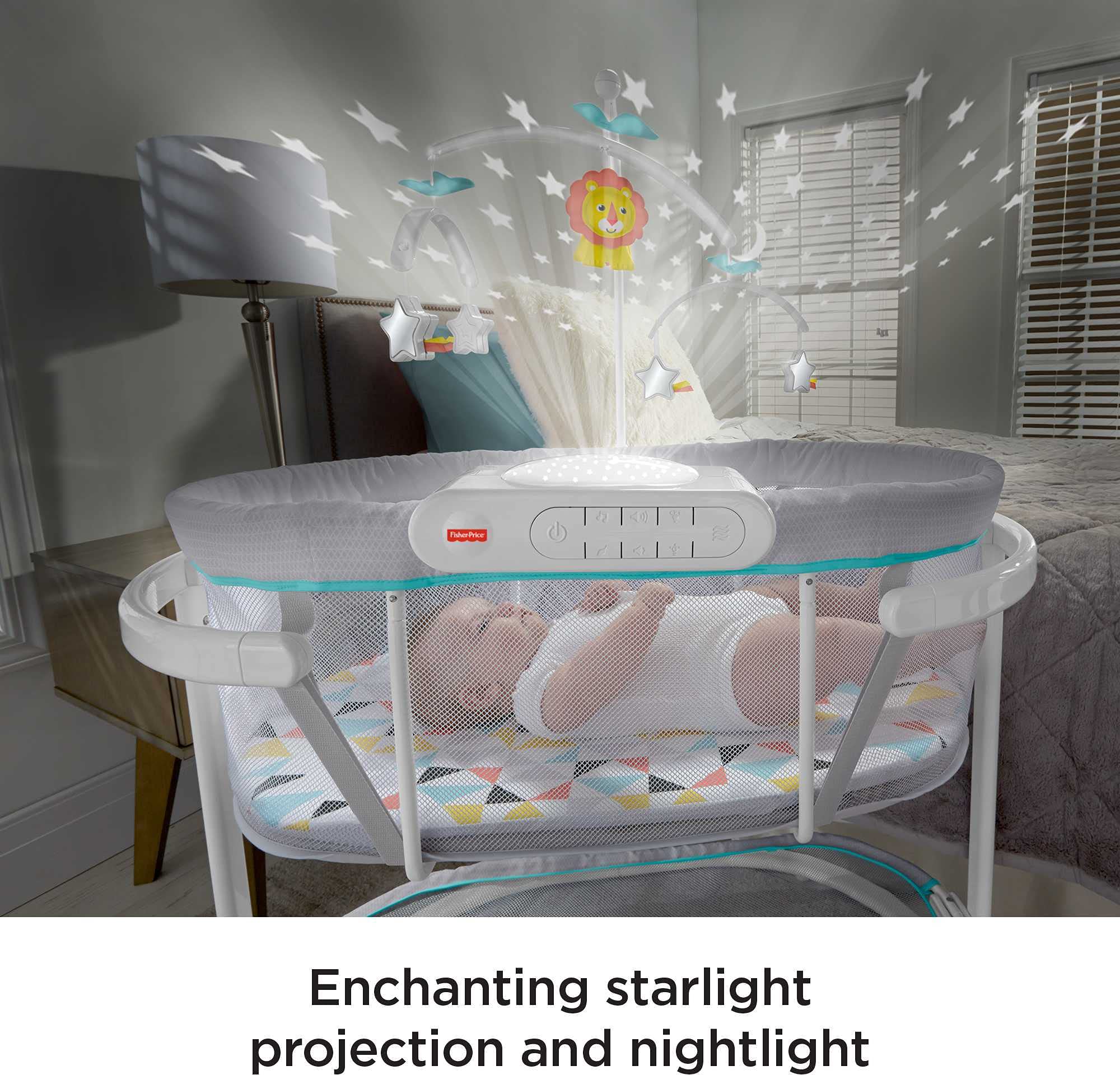 Fisher-Price Baby Bedside Sleeper Bassinet with Soothing Motions, Night Lights, Lullabies, Vibrations & Rotating Toy Mobile for Newborns 0-6 Months - Windmill Design | Perfect for Nursery, Bedroom Co-Sleeping & New Parents