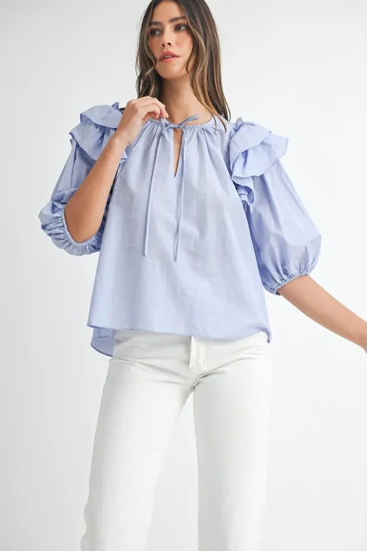 Elegant Ruffle Shoulder Puff Sleeve Blouse for Women - Summer Resort Wear, Beach Vacation Outfit, Date Night Top