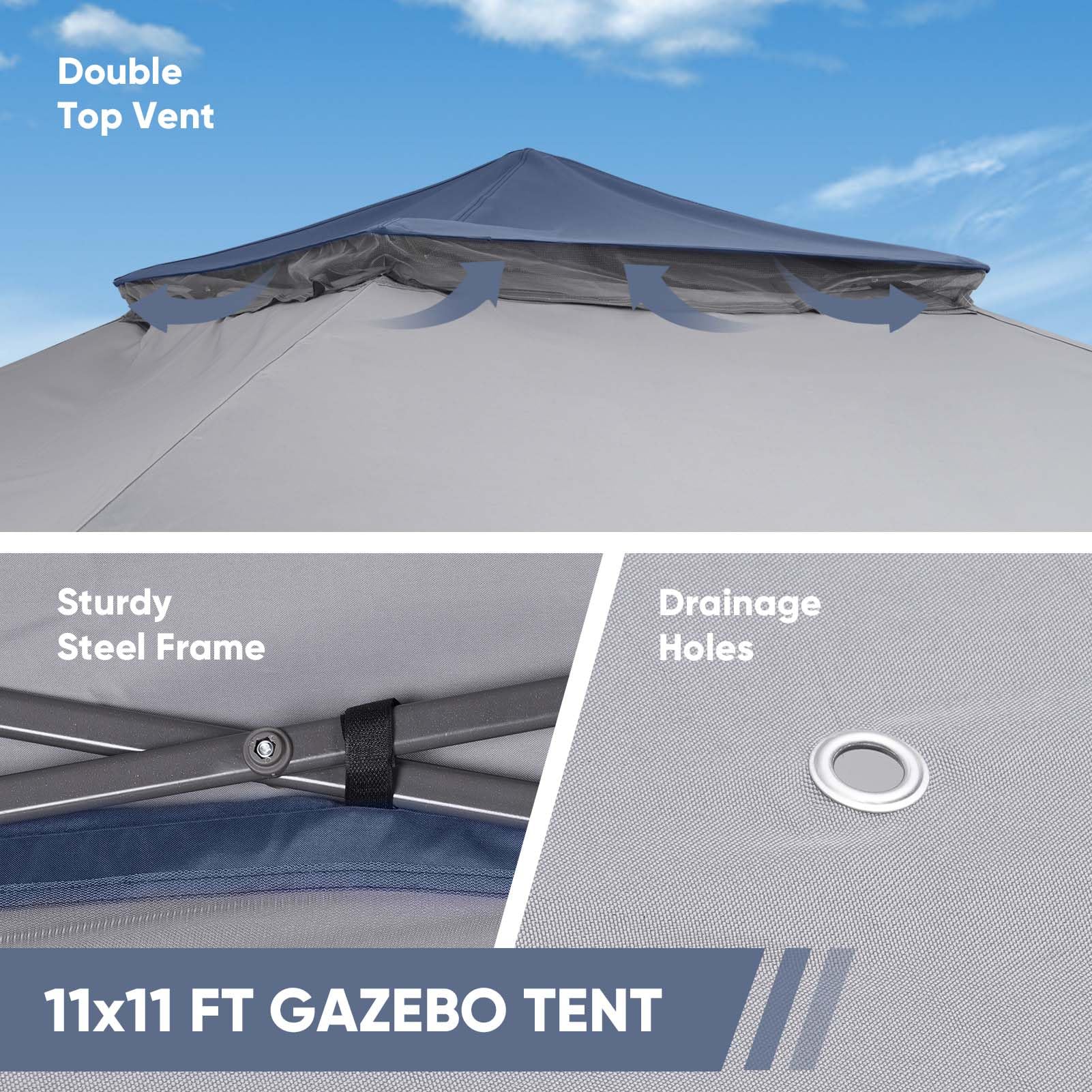 11x11 FT Heavy Duty Gazebo Tent with Mosquito Netting - Adjustable Height Folding Canopy for Outdoor Parties, Patio, Backyard & Garden - Perfect for BBQs, Camping & Summer Gatherings