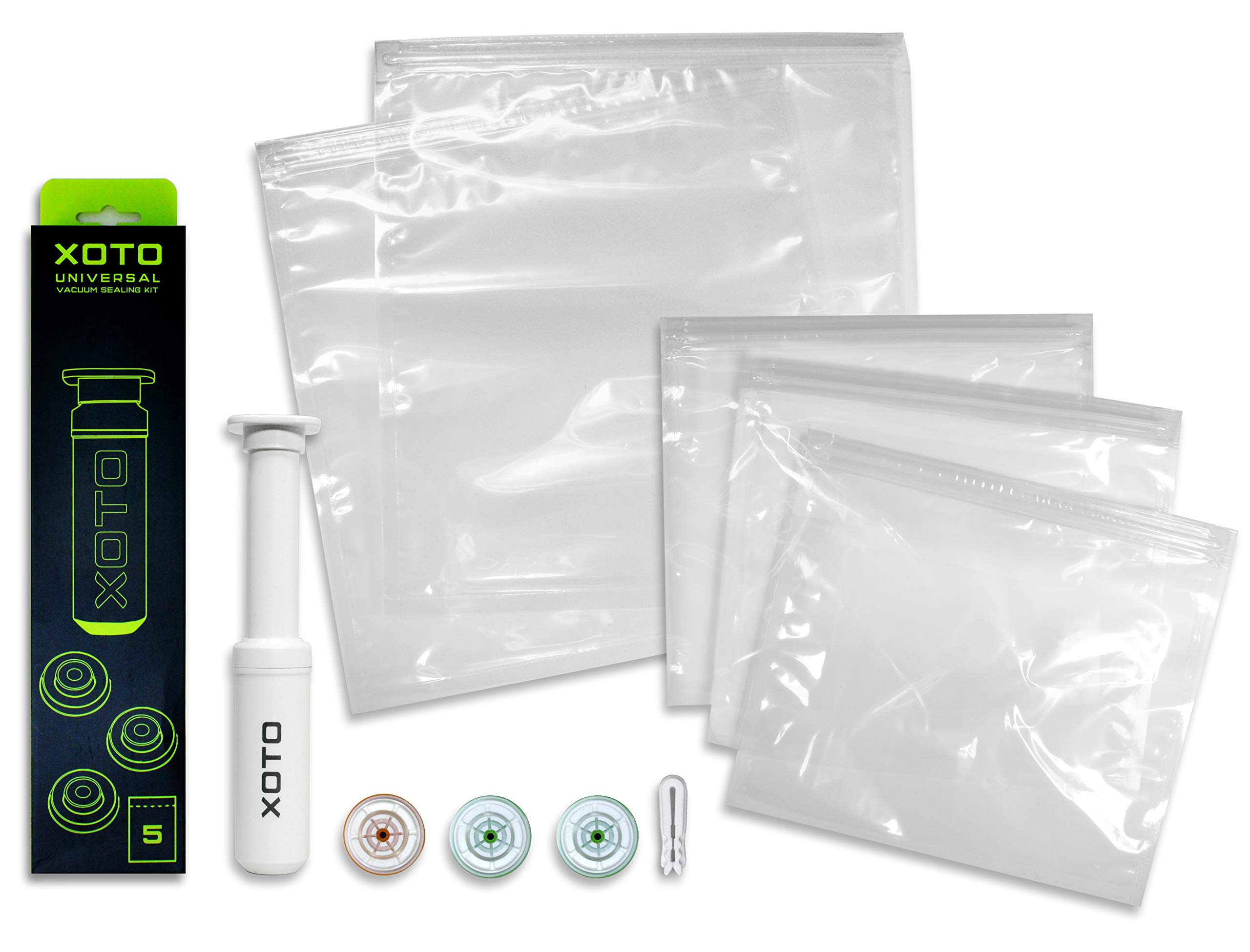 XOTO Universal Vacuum Sealing Hand-Pump Kit with 10 Reusable Valves & 5 Storage Bags - Food Saver for Meal Prep, Sous Vide, and Long-Term Food Storage
