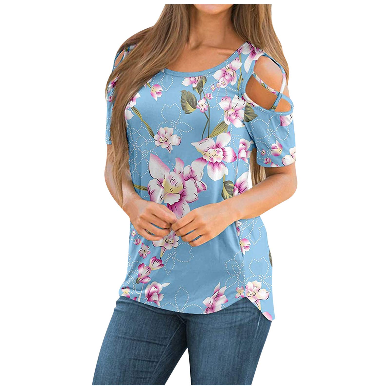 Women's Summer Tie Dye Cold Shoulder Workout Tops - O Neck Strappy Raglan Short Sleeve T-Shirt Blouse for Gym, Yoga & Casual Wear