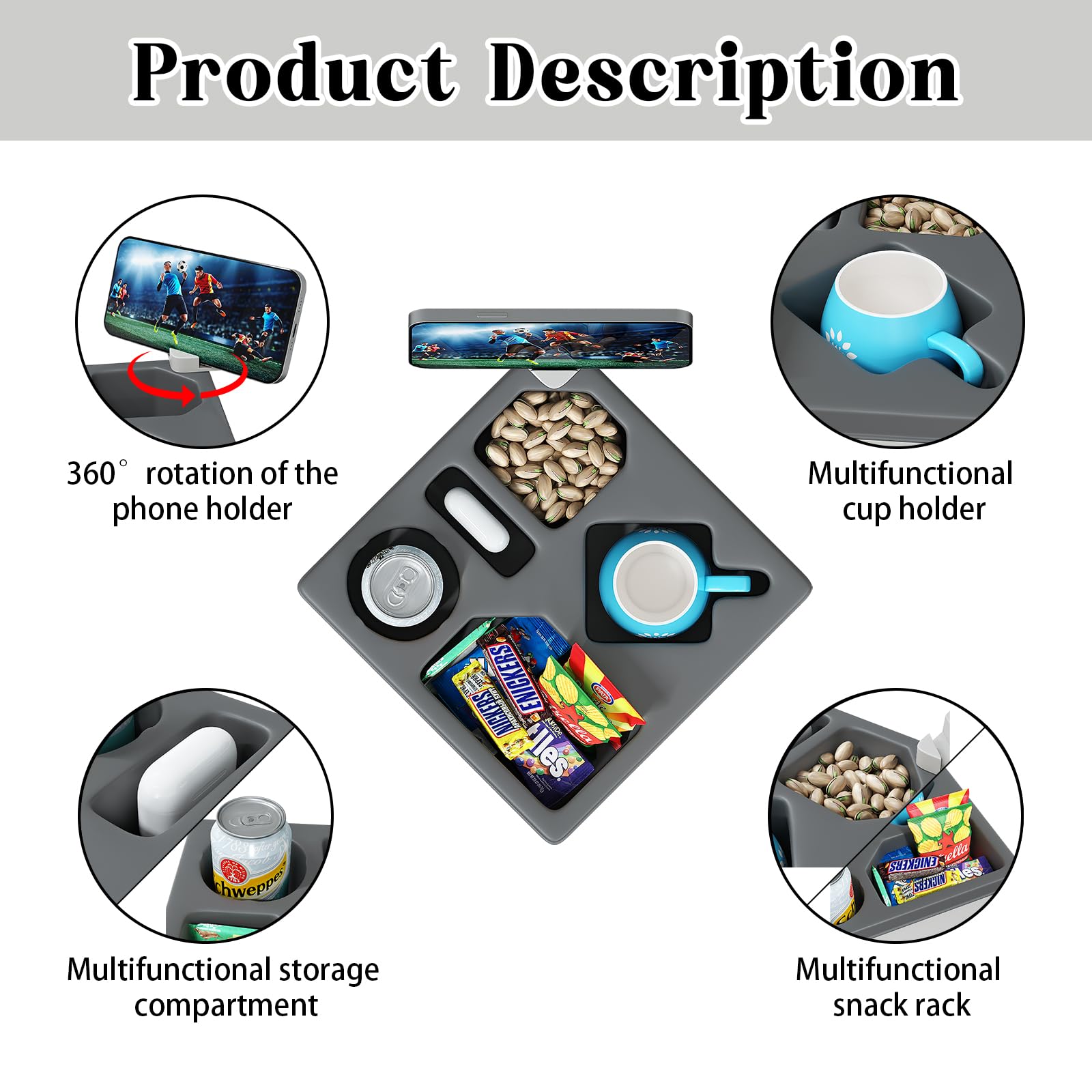 Rotatable Couch Caddy with Phone Holder & Cup Tray - Waterproof Sofa Organizer for Drinks, Snacks, Remote & Cellphone - Perfect for Living Room, Bedroom & Home Theater (Dark Gray)