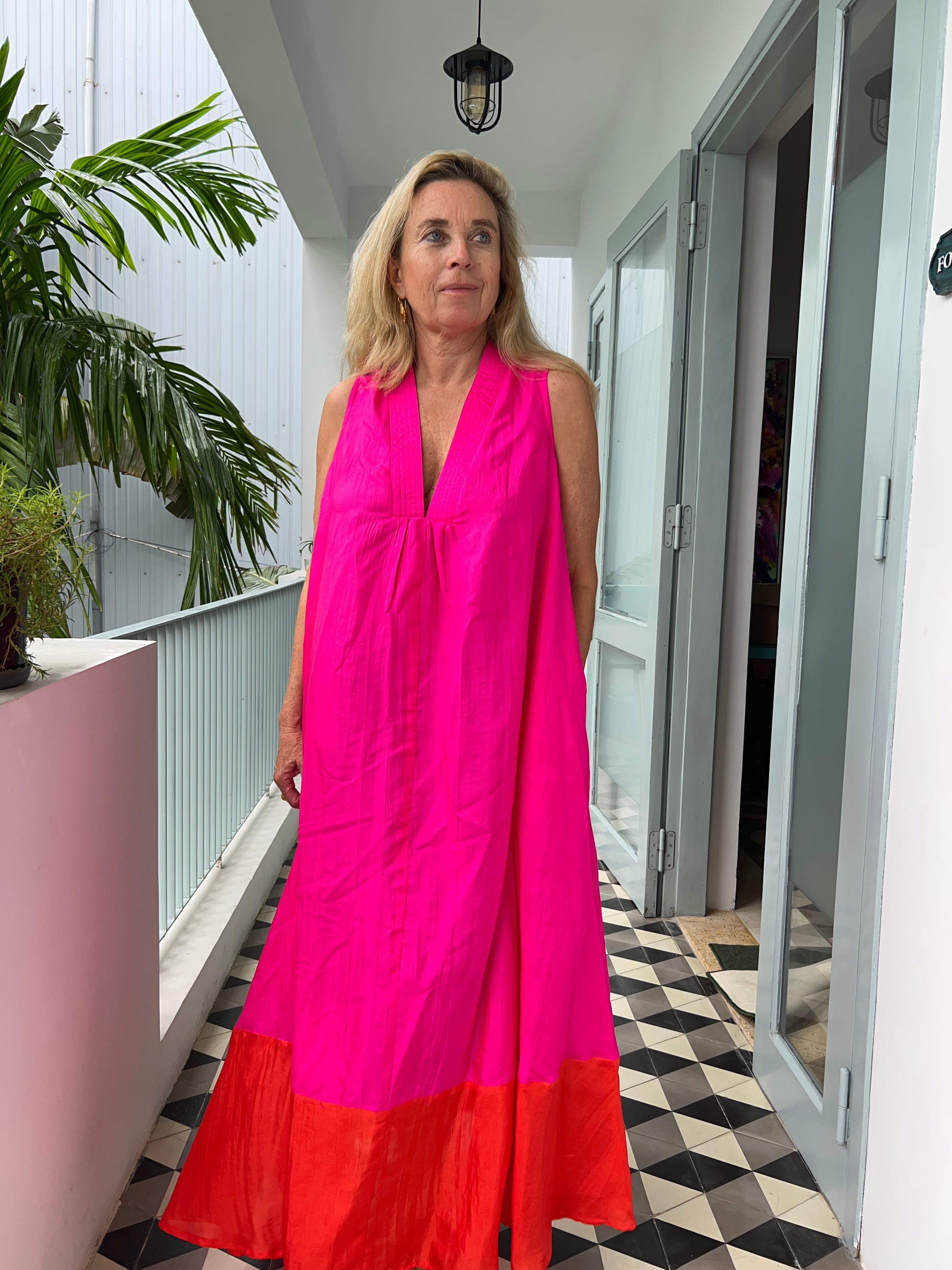 100% Organic Silk Dress - Elegant Orange & Pink Women's Dress for Special Occasions & Evening Events