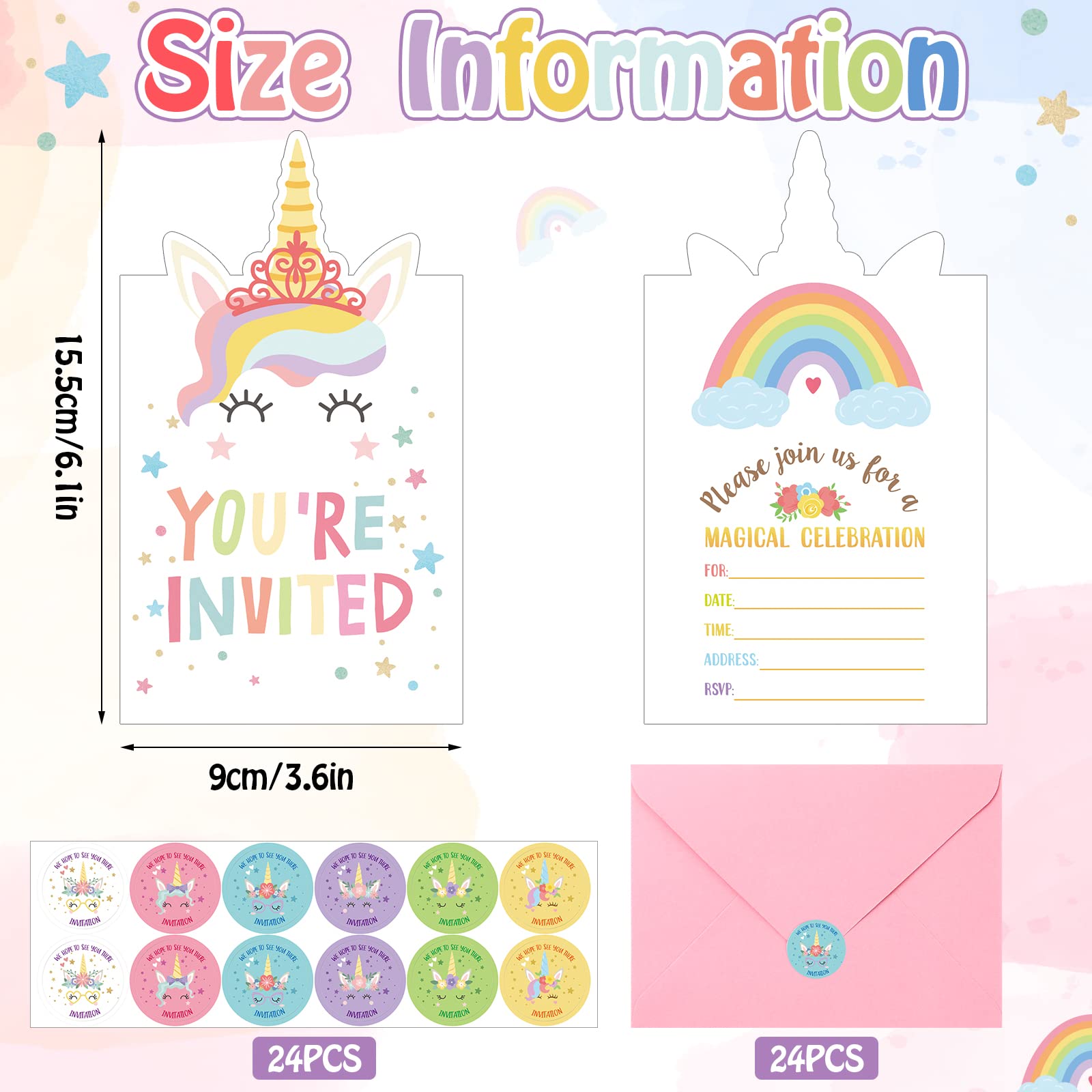 24 Sets Mermaid Birthday Invitations with Envelopes & Stickers - Unicorn Butterfly Rainbow Teapot Elephant Themed Party Supplies for Kids Birthday, Baby Shower, Pool Party - Perfect for Mermaid Themed Decorations & Underwater Fantasy Celebrations