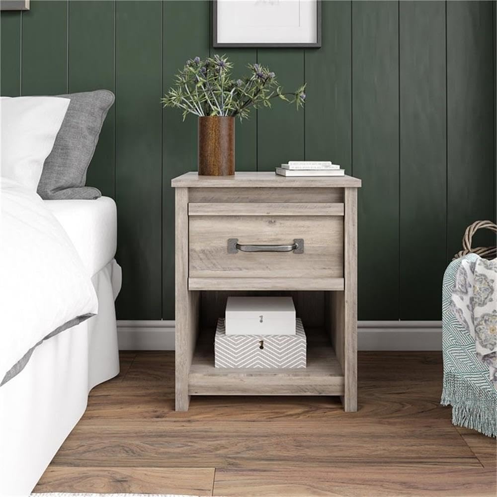 BOWERY HILL Gray Oak Nightstand with One Drawer - Perfect for Bedroom, Living Room & Small Space Storage