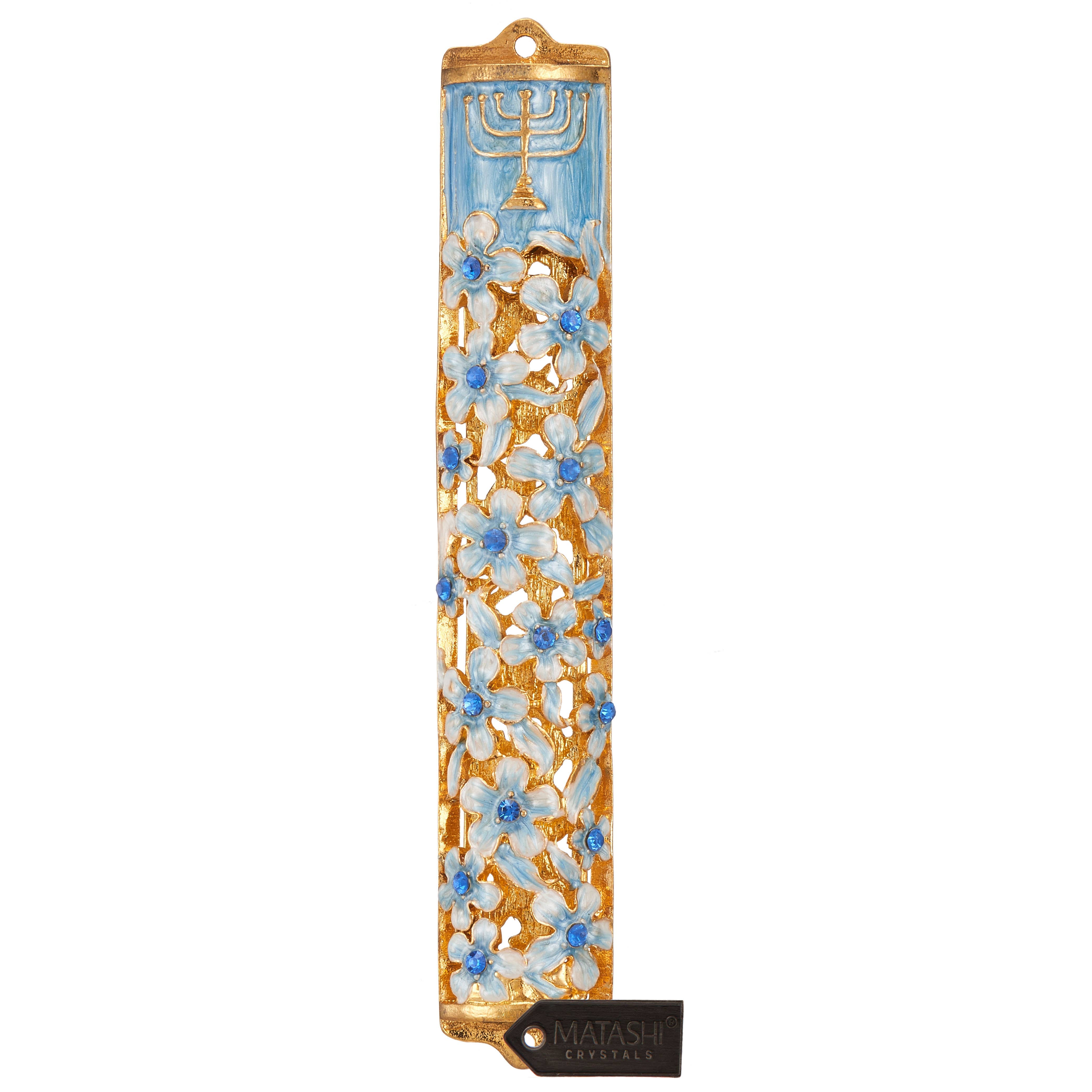 Hand Painted 5.5 Inch Blue & White Enamel Mezuzah - Traditional Jewish Door Blessing Scroll Case for Home & Office Protection