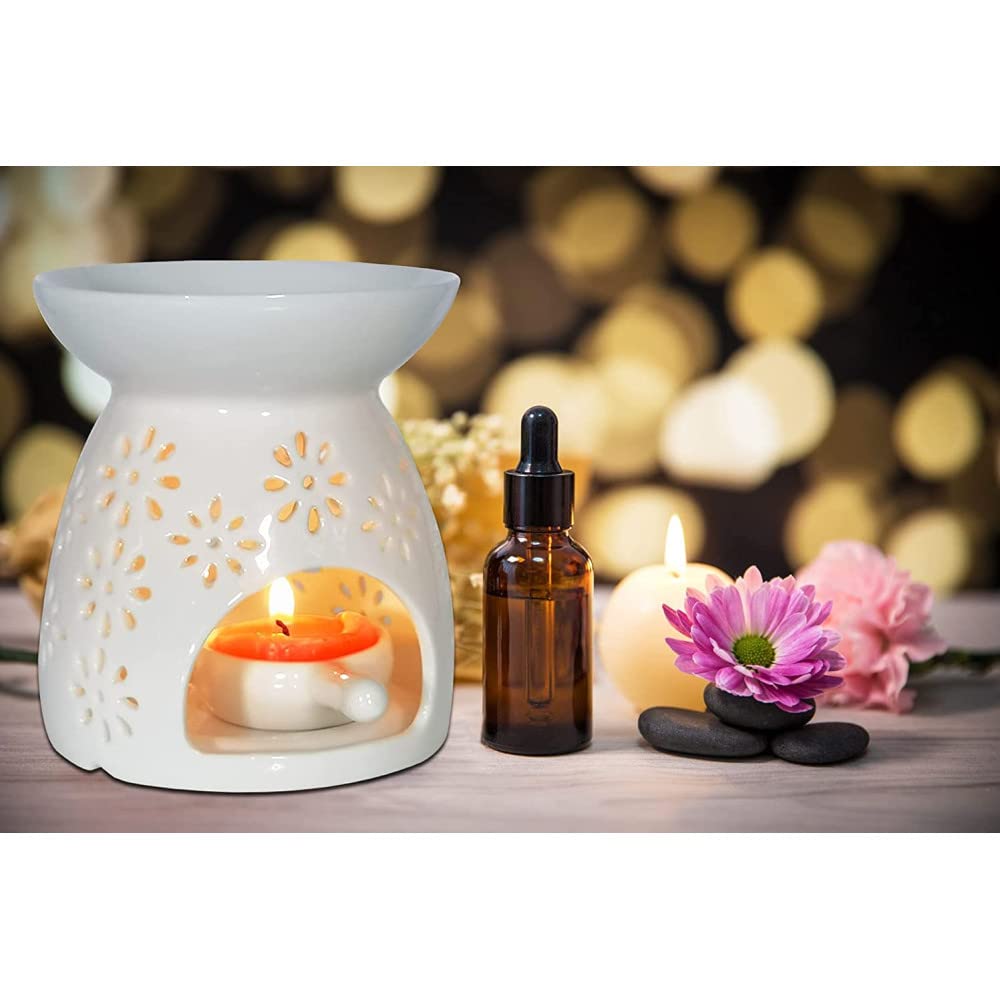 Ceramic Wax Warmer with Flower Pattern - Aromatherapy Essential Oil Burner & Scented Candle Diffuser for Home, Bedroom Decor - Perfect for Relaxation and Stress Relief