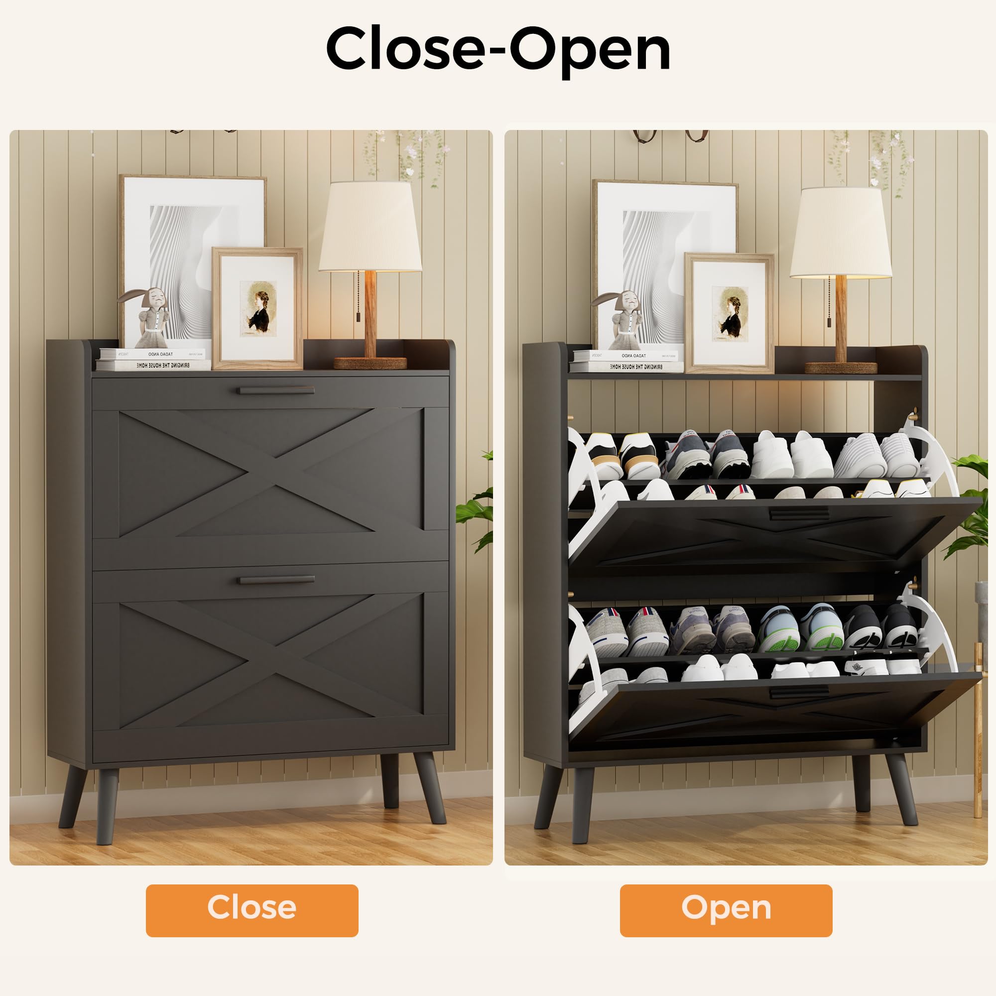 Farmhouse Shoe Storage Cabinet with 2 Flip Drawers & Barn Door Design - Adjustable Shelves Modern Hidden Slim Narrow Shoe Rack for Entryway, Foyer, Hallway - Perfect for Organizing Shoes in Small Spaces, Apartments & Mudrooms (Black)