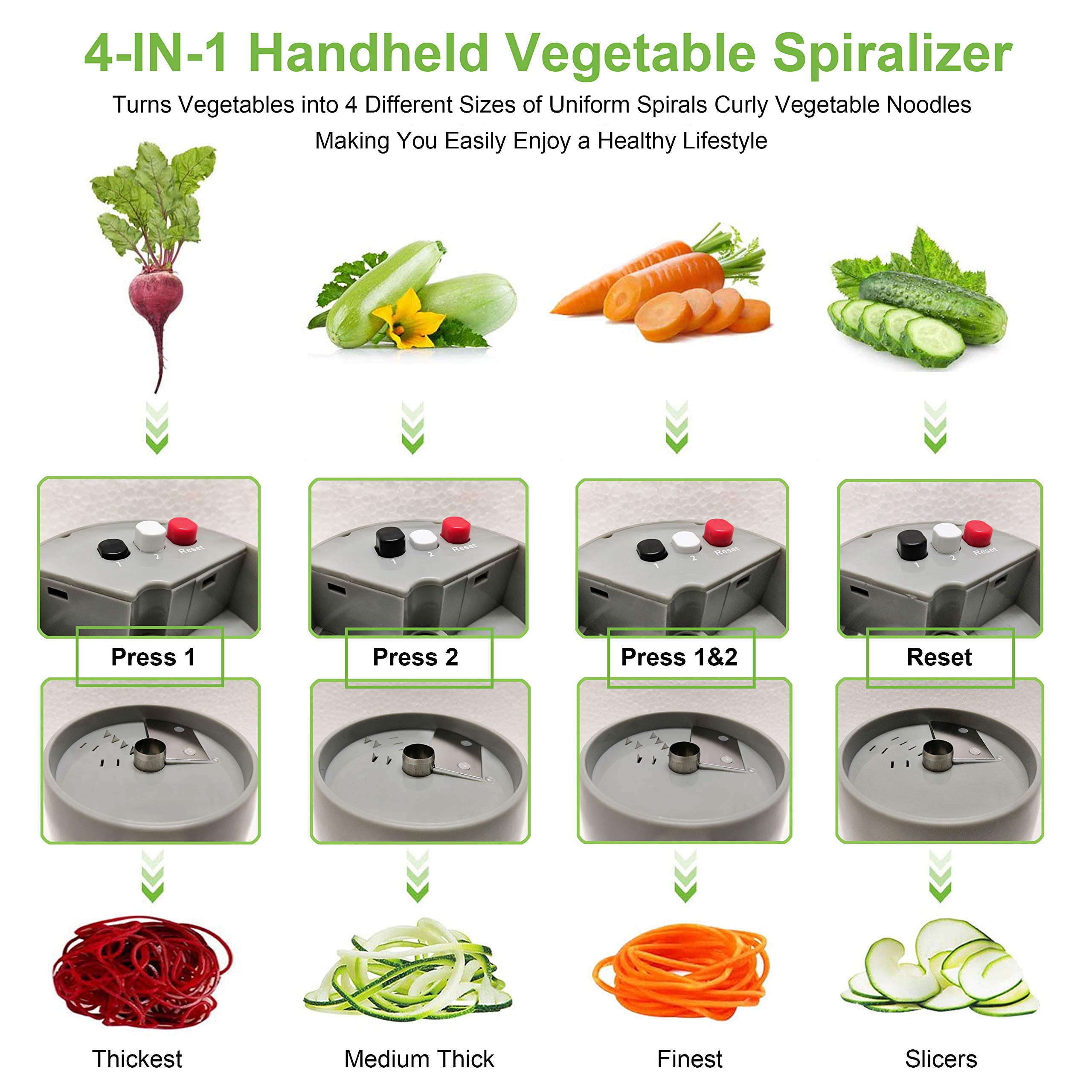4-in-1 Heavy Duty Handheld Spiralizer Vegetable Slicer - Zucchini Spaghetti Maker for Carrots, Cucumbers, Onions & Fruits - Perfect for Salads, Pasta Dishes & Healthy Snacks (Gray)