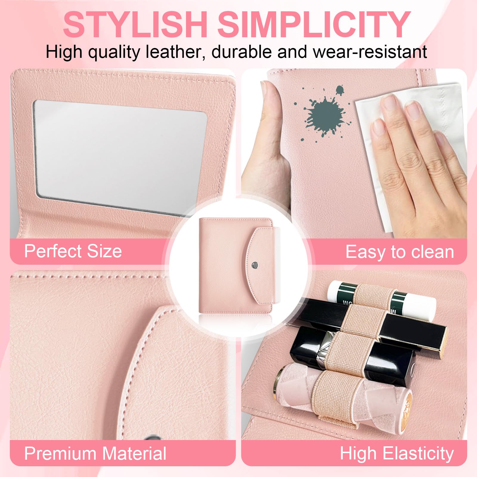 PU Lipstick Holder with Mirror - Holds 4 Long Lipsticks, Makeup Travel Organizer Case | Portable Cosmetic Pouch for Women | Perfect for Travel, Daily Use & Gift Giving