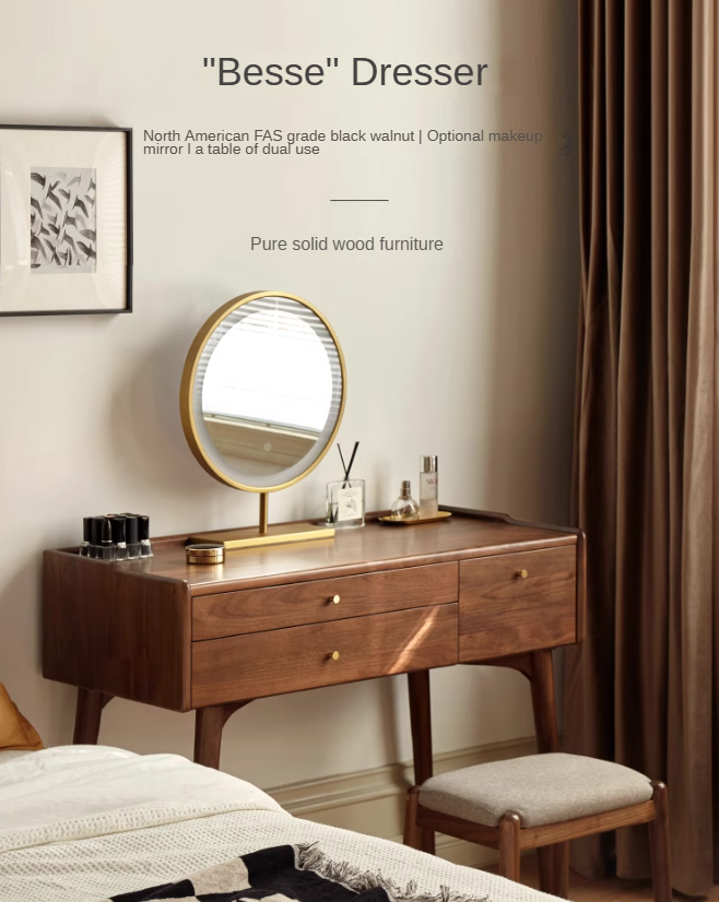 Premium Black Walnut & Ash Solid Wood Dressing Table - Elegant Vanity Desk with Mirror for Bedroom, Bathroom & Makeup Area | Natural Wood Finish, Spacious Storage & Durable Construction