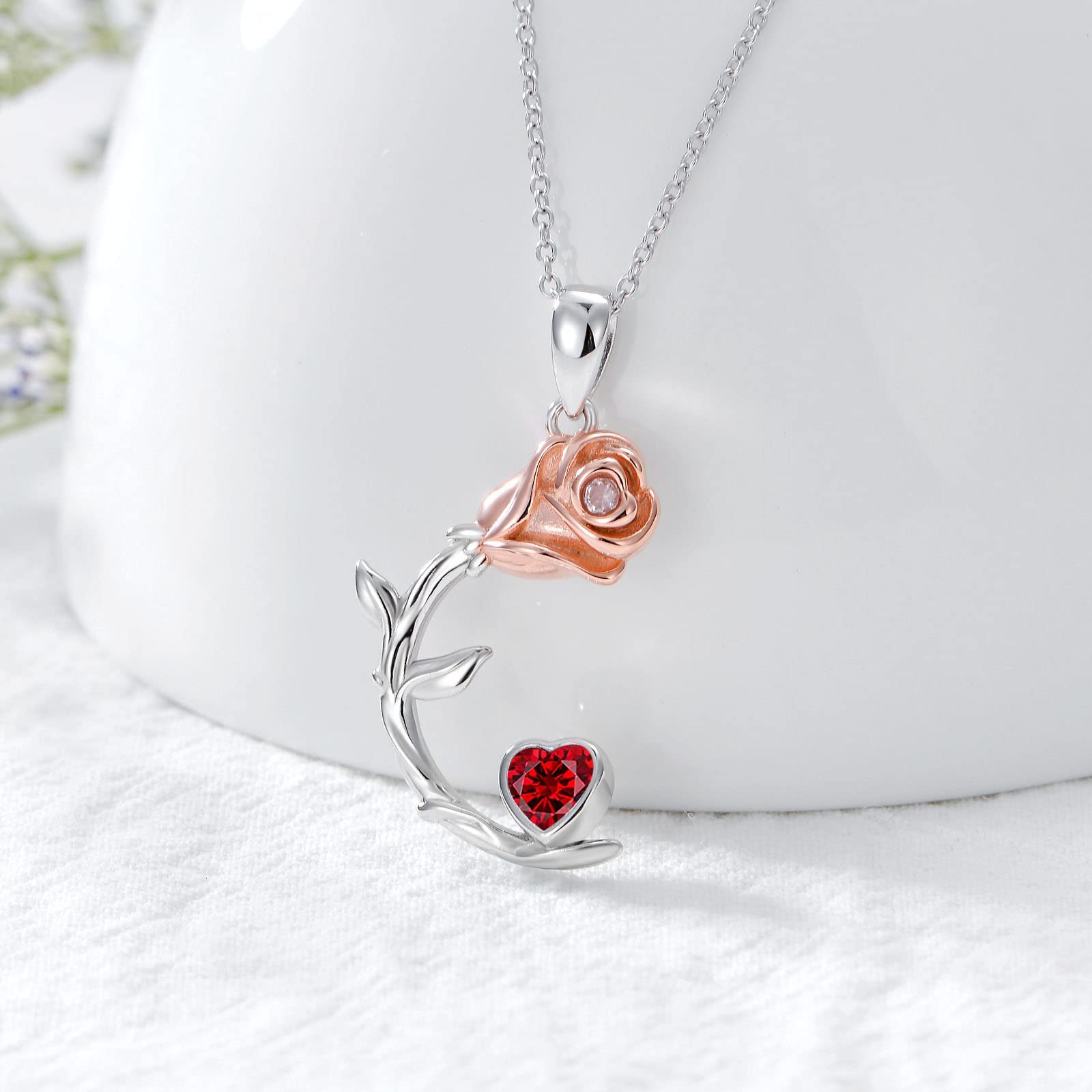 OCJ Rose Moon Necklace - 925 Sterling Silver Rose Pendant with Heart Birthstone, Elegant Jewelry for Women | Perfect Birthday, Christmas & Anniversary Gift for Her, Wife or Girlfriend | Ideal for Date Nights, Weddings & Special Occasions