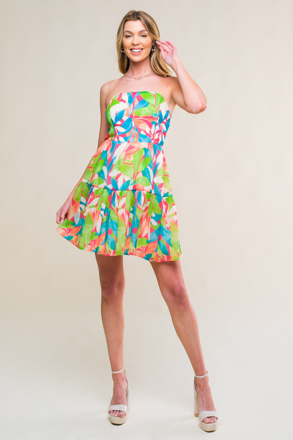 LYNDA Strapless Leaf Print Mini Dress - Floral Summer Party Dress for Women, Beach Vacation, Date Night & Casual Outings
