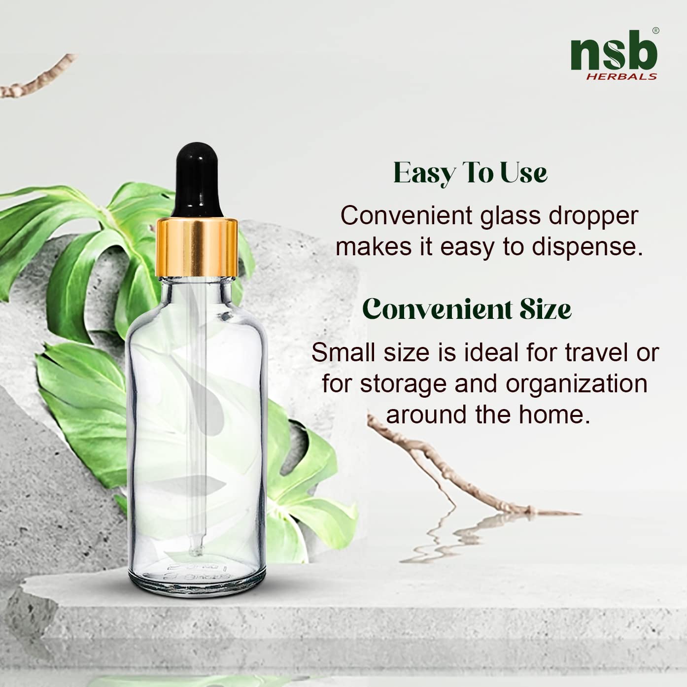 NSB Herbals 50ml Clear Round Empty Glass Bottle with Glass Dropper, Golden Ring & Black Silicone Teat - Refillable for Essential Oils, Perfumes, DIY Beauty (Pack of 3) | Perfect for Aromatherapy, Travel & Home Use