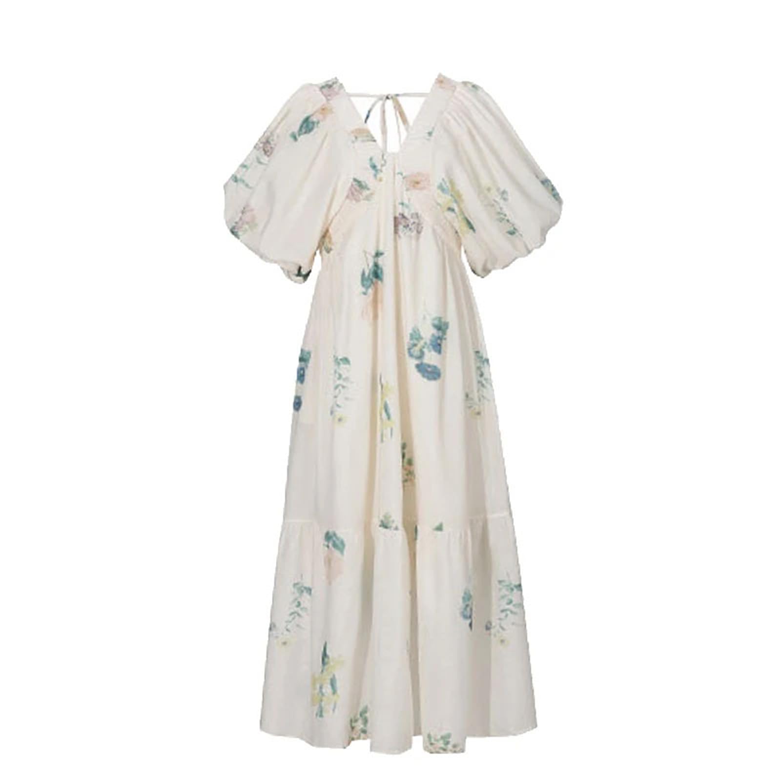 Women's Floral Print Puff Sleeve Loose Fit Midi Dress - Vintage Summer Casual Streetwear for Beach, Date Night & Outdoor Activities