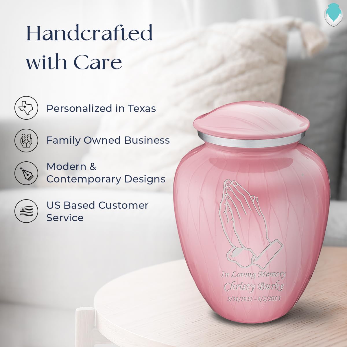 Personalized Praying Hands Cremation Urn for Adults - Large Pearl Light Pink Funeral Urn for Ashes (Holds 200 lbs) | Memorial Keepsake for Loved Ones | Perfect for Home Display, Funeral Services & Memorial Ceremonies