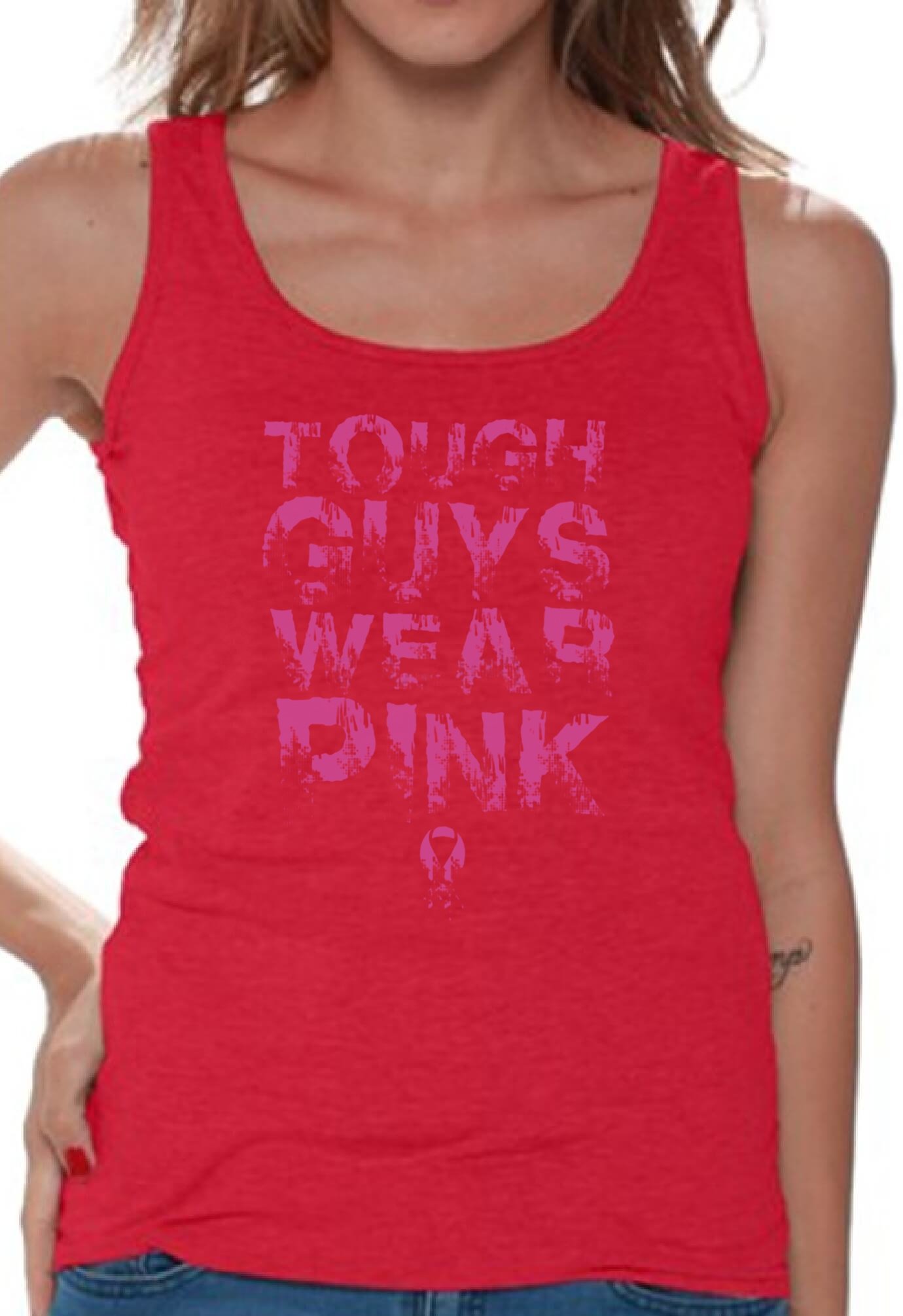 Awkwardstyles Women's Tough Guys Wear Pink Ribbon Tank Top - Breast Cancer Awareness Shirt with Free Bookmark - Perfect for Fundraising Events, Survivor Support & Everyday Wear