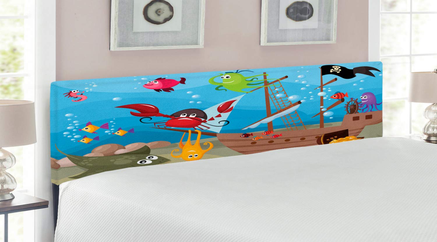 Ambesonne Pirate Themed King Size Upholstered Headboard - Cartoon Ship Underwater Adventure with Sea Animals & Treasure Chest, Decorative Metal Bed Frame with Memory Foam - Perfect for Kids' Bedroom, Nautical Theme Room or Pirate Lover's Home Decor