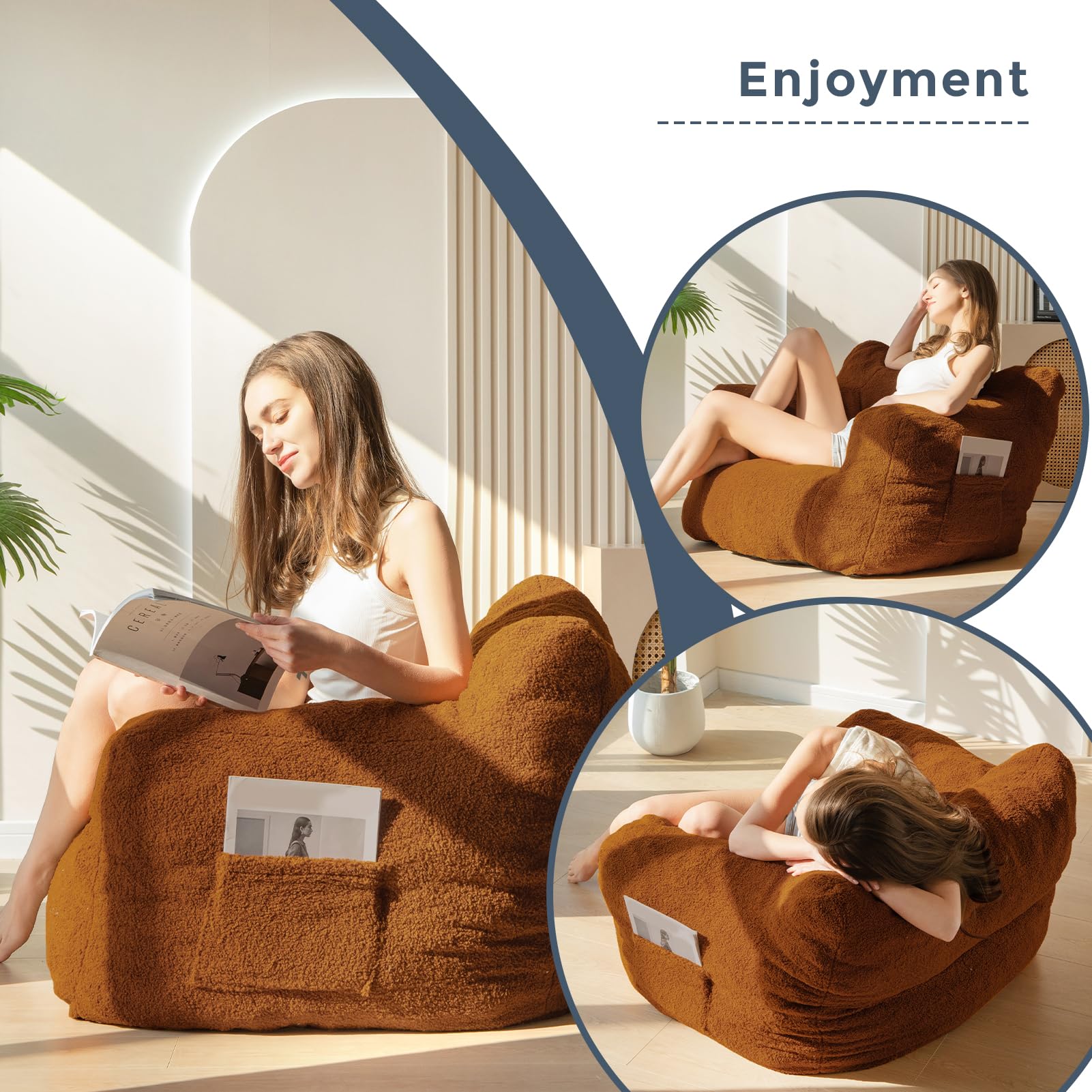 MAXYOYO Sherpa Bean Bag Chair - Boucle Tufted Oversized Bean Bag Sofa for Adults & Kids, Dark Coffee - Cozy Living Room Seating, Game Room Furniture, Dorm Lounge Chair