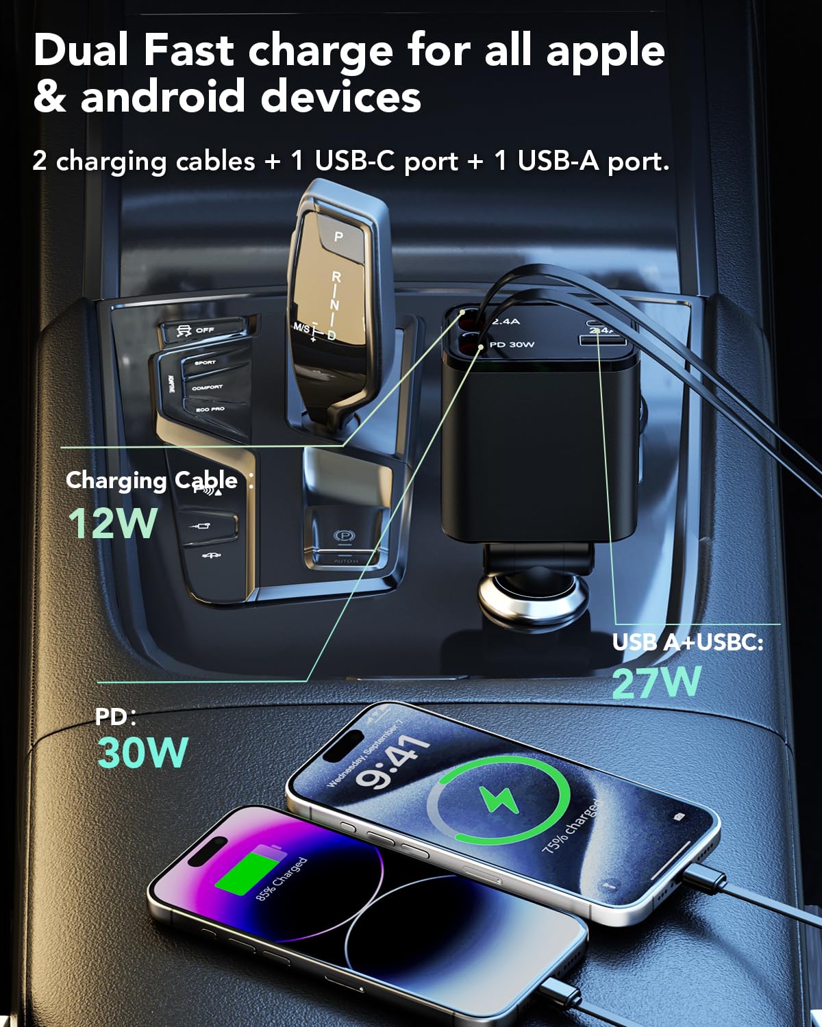 HATALKIN 69W Retractable Car Charger - 4-in-1 Fast Charging with 2 Retractable Cables & USB-C Port - Compatible with iPhone 15/14/13/12/11, iPad Pro, Samsung Galaxy, Google Pixel - Perfect for Road Trips & Daily Commutes