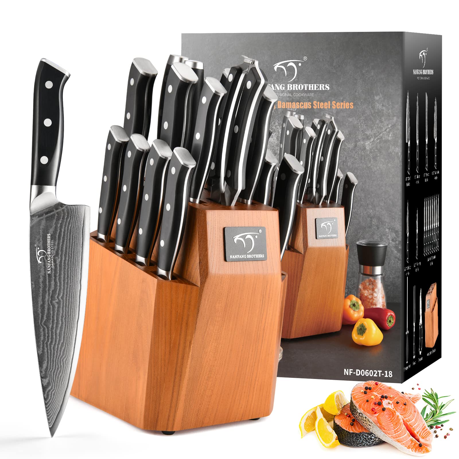 Premium 18-Piece Damascus Steel Kitchen Knife Set with Wooden Block - Chef Knives, Utility Knives, Paring Knives, Knife Sharpener & Kitchen Shears - Ergonomic ABS Handles for Professional Cooking & Home Kitchen Use - Perfect Gift for Chefs & Cooking Enthusiasts