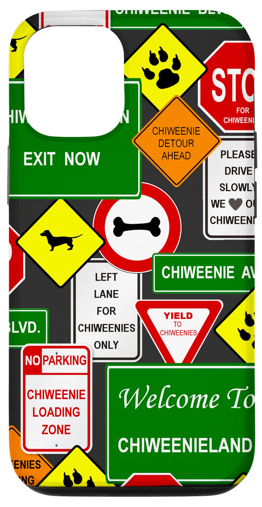 iPhone 12/12 Pro Case with Chiweenie Dog & Road Signs Design - Durable Protective Cover for Everyday Use, Travel & Outdoor Adventures