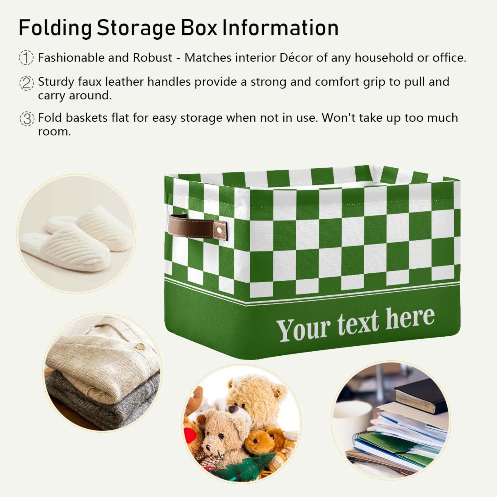 Checkerboard White Green Plaid Storage Basket - Collapsible Rectangular Bin with Leather Handles - Nursery, Closet & Home Organization - Perfect for Baby Clothes, Toys & Blanket Storage