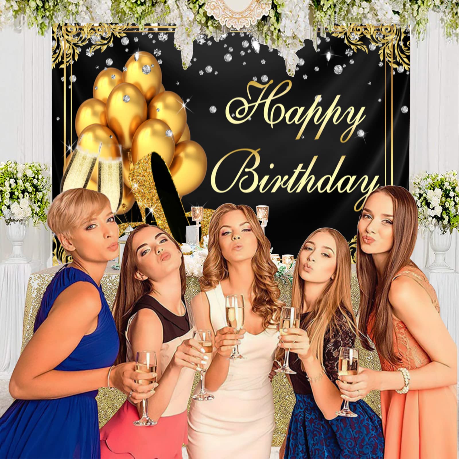 Black and Gold Happy Birthday Backdrop with Shining Diamond Design - 7x5ft Photography Background for Adult Women & Girls Birthday Party, Photo Booth, Golden Heels & Champagne Theme Decoration - Perfect for Birthday Celebrations, Bridal Showers & Social Media Photos