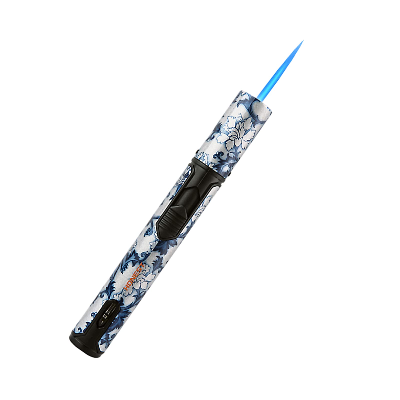 Pen Shape Torch Lighter - Windproof Blue Flame Jet Lighter with Visible Gas Window, 6 Inch Butane Lighter for Candle Lighting, Kitchen Use, Welding, BBQ & Camping (Butane Not Included) - Silver Blue Flower Design | Perfect for Outdoor Adventures & Home DIY Projects