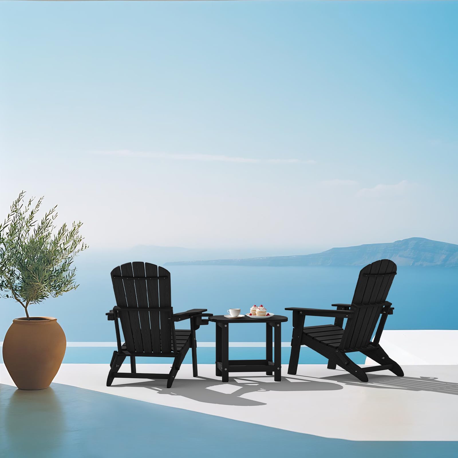Heavy Duty Folding Adirondack Chair - All-Weather HDPE Wooden Textured Outdoor Furniture with Cup Holder, SGS Certified - Perfect for Poolside, Backyard, Patio, Garden & Lawn Relaxation (Black)