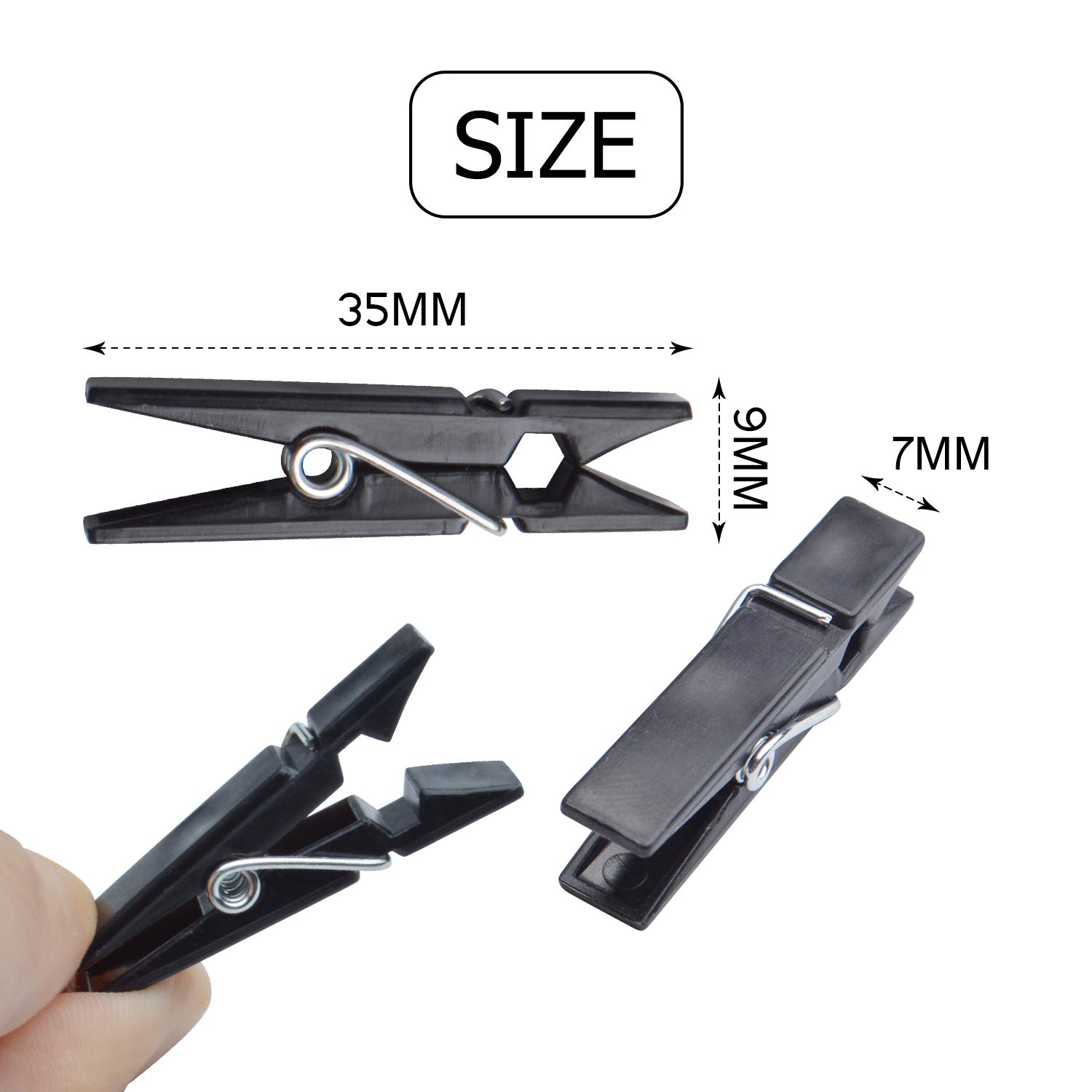 BronaGrand 100pcs Mini Plastic Clips - Small Black Clothes Pins for Photos, Pictures, Paper, Socks | Office, Home, Arts & Crafts, DIY Decoration (35x7x10mm) | Perfect for Scrapbooking, Bulletin Boards & Laundry Organization