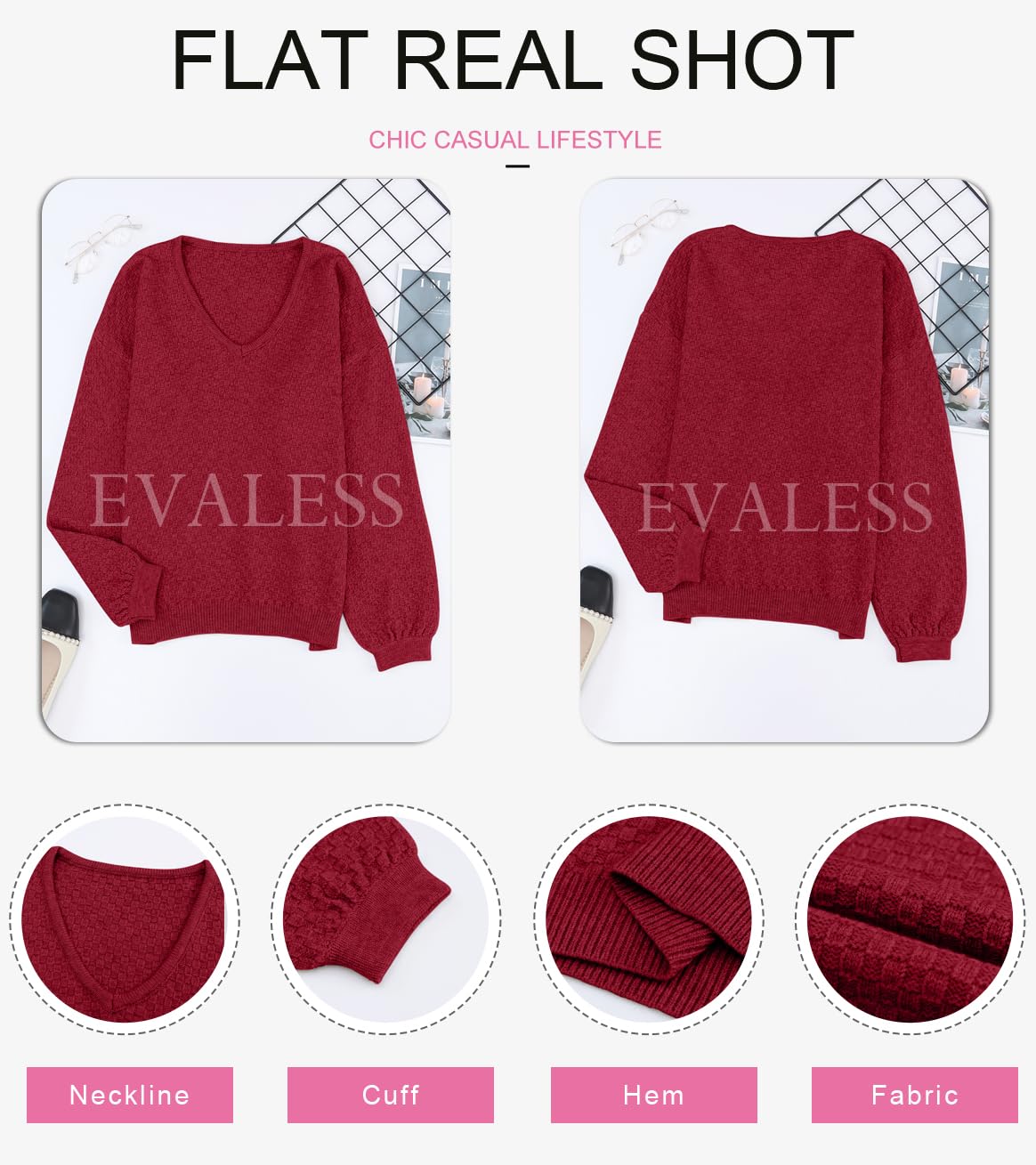 EVALESS Women's Long Sleeve V-Neck Waffle Knit Sweater - Loose Pullover Jumper for Fall 2024 | Casual Outfits, Office Wear & Autumn Layering