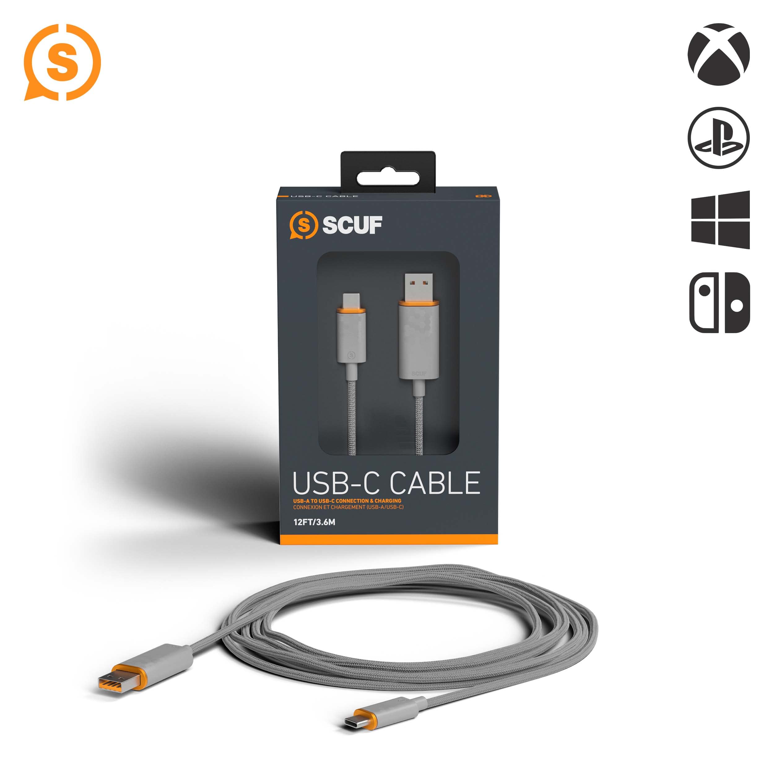 SCUF Braided USB-C Cable 6ft/2m - Fast Charging & Data Sync for Xbox Series X, PS5 Controllers & Smartphones (Light Gray) - Perfect for Gaming, Office & Travel Use