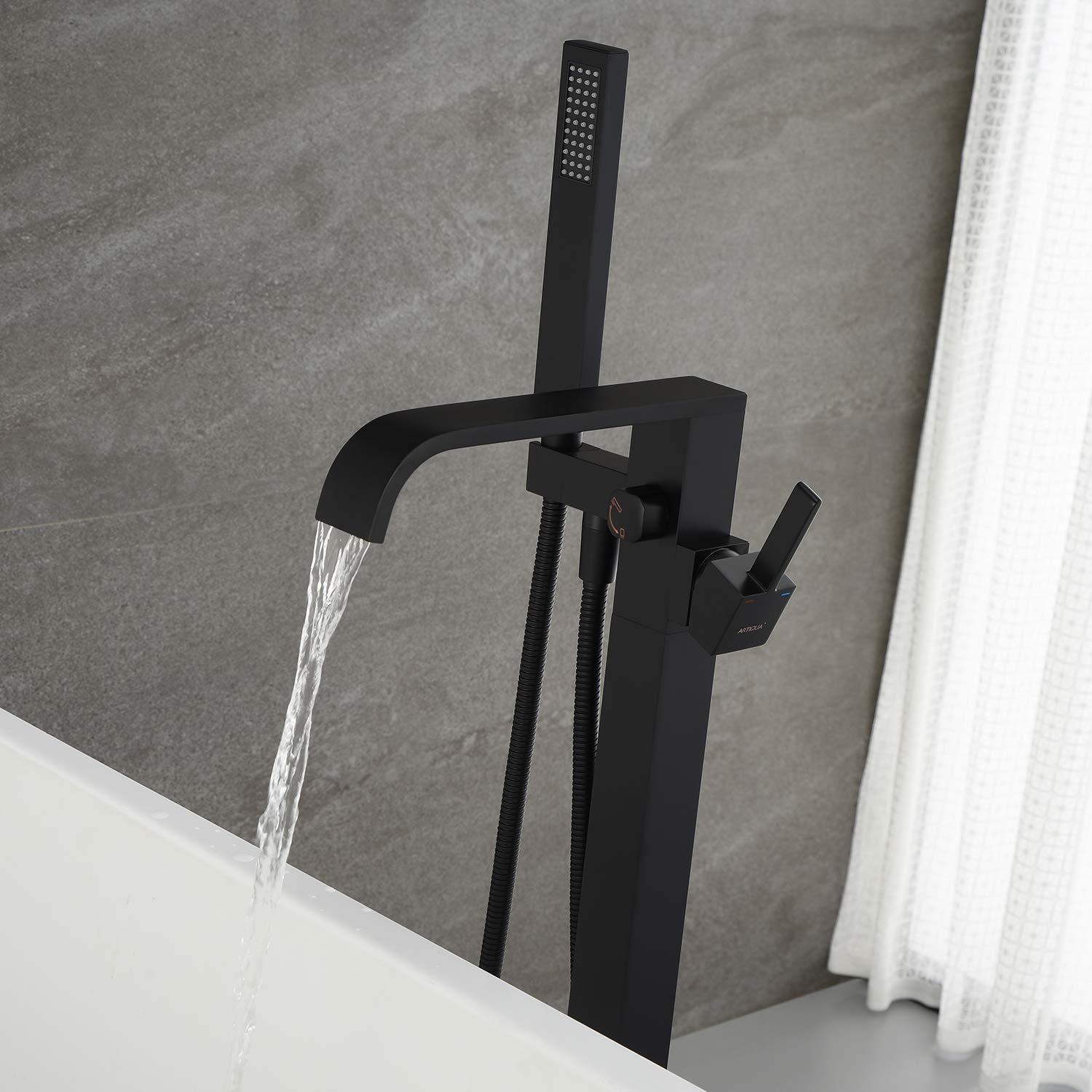 Freestanding Bathtub Faucet - Black Floor Mount Tub Filler with Hand Shower | Single Handle Brass Bathroom Faucet for Modern Luxury Bathrooms