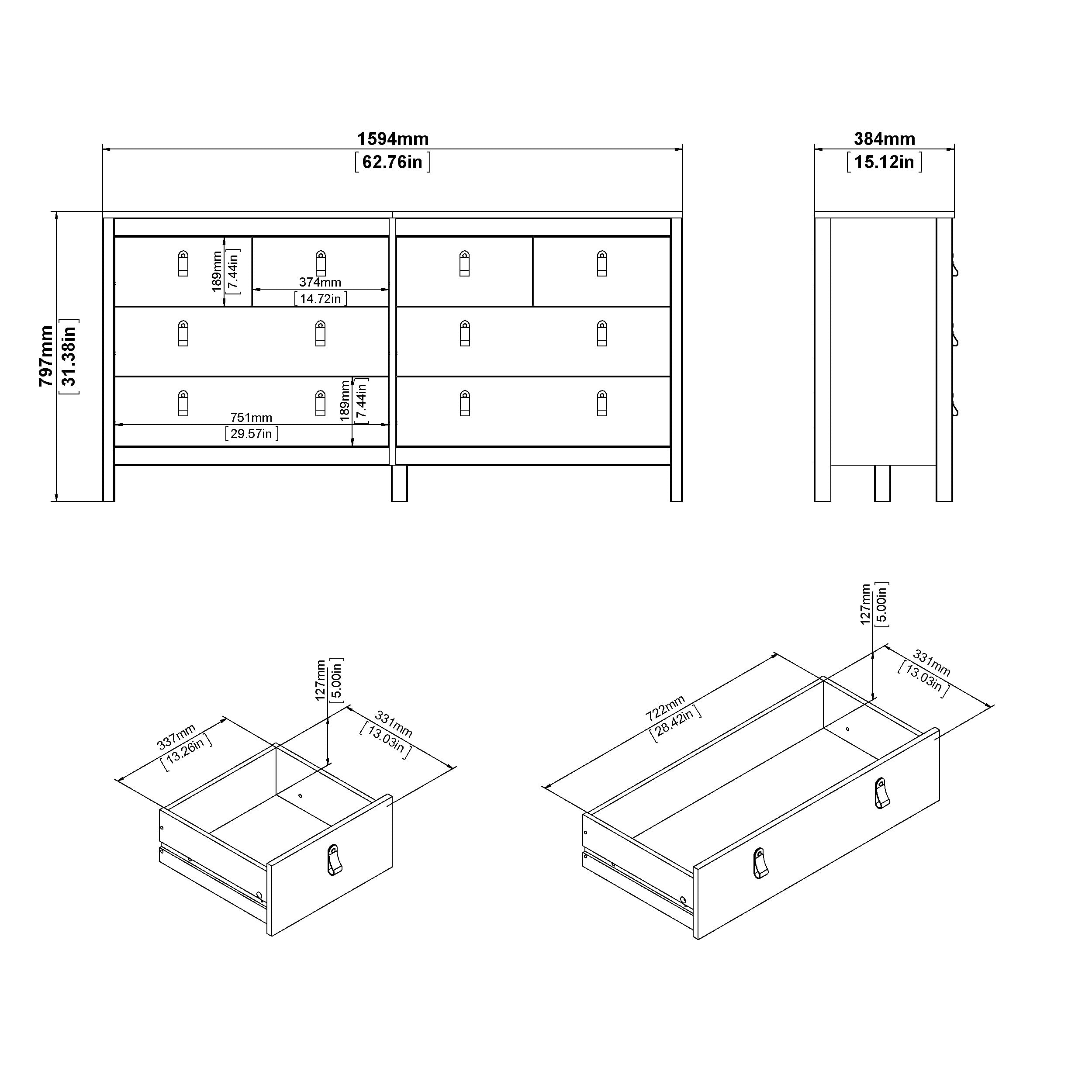 Tvilum 8-Drawer Double Dresser in White - Modern Bedroom Storage Solution for Clothes, Linens & Accessories